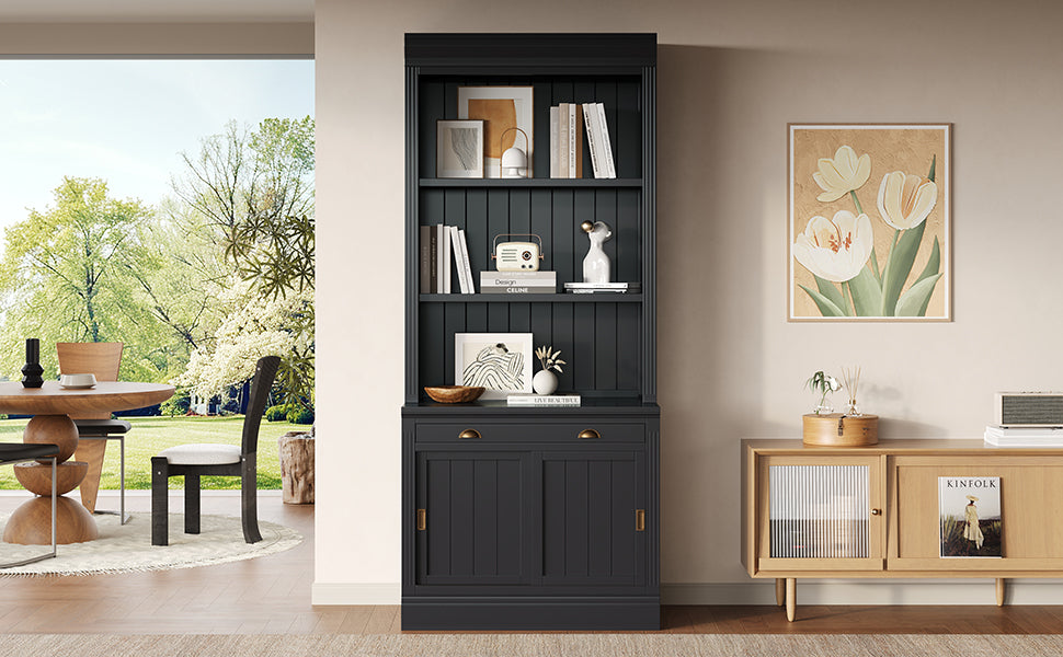 83.4'Tall Bookshelf, Modern Bookcase with Sliding Doors and Open Shelves,Storage Bookshelf for Living Room,Home Office,Black