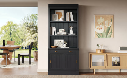 83.4'Tall Bookshelf, Modern Bookcase with Sliding Doors and Open Shelves,Storage Bookshelf for Living Room,Home Office,Black