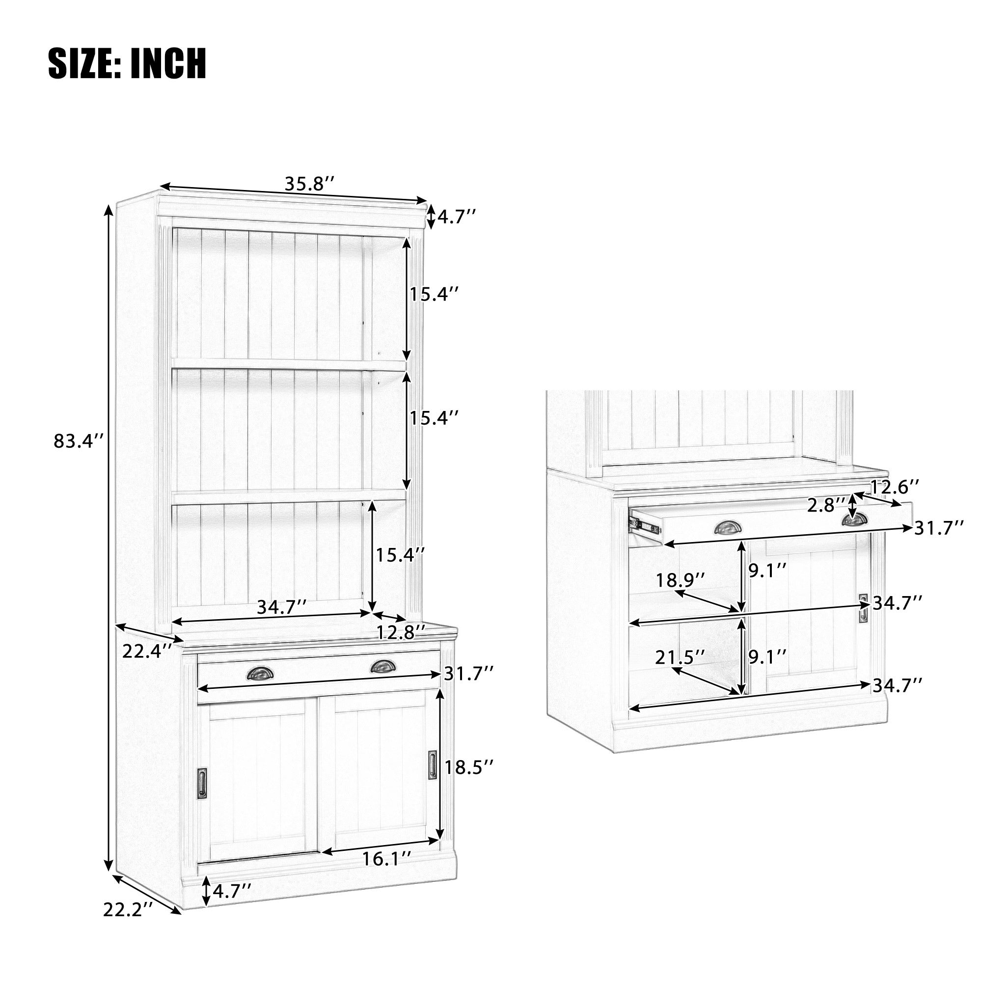 83.4'Tall Bookshelf, Modern Bookcase with Sliding Doors and Open Shelves,Storage Bookshelf for Living Room,Home Office,Black