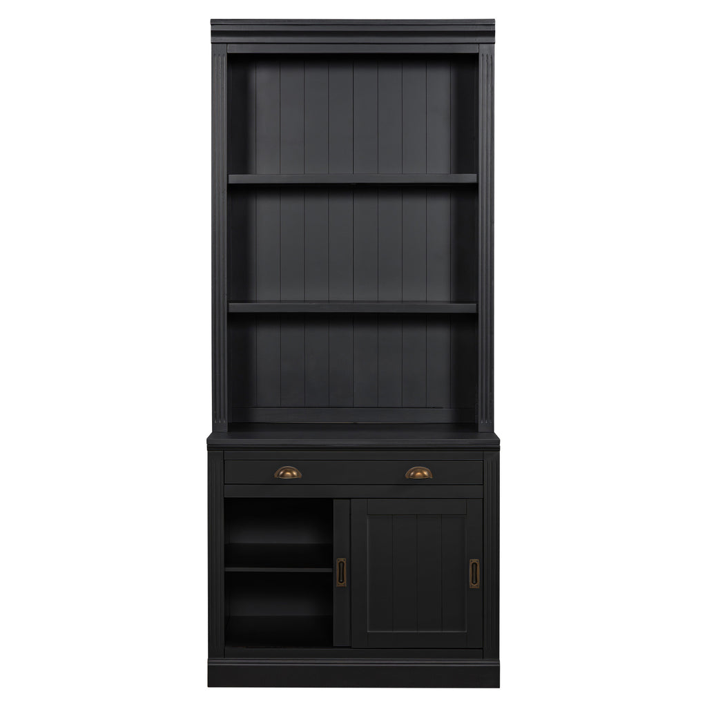 83.4'Tall Bookshelf, Modern Bookcase with Sliding Doors and Open Shelves,Storage Bookshelf for Living Room,Home Office,Black