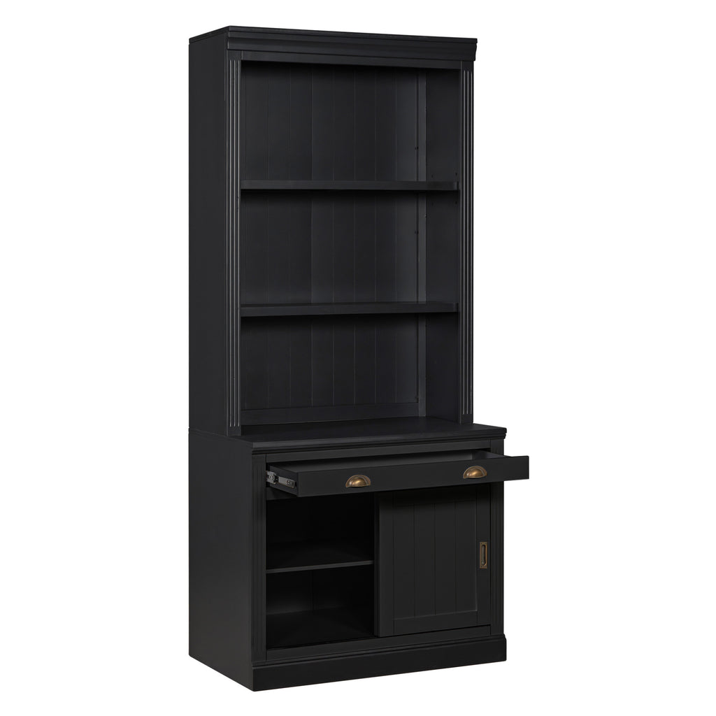 83.4'Tall Bookshelf, Modern Bookcase with Sliding Doors and Open Shelves,Storage Bookshelf for Living Room,Home Office,Black
