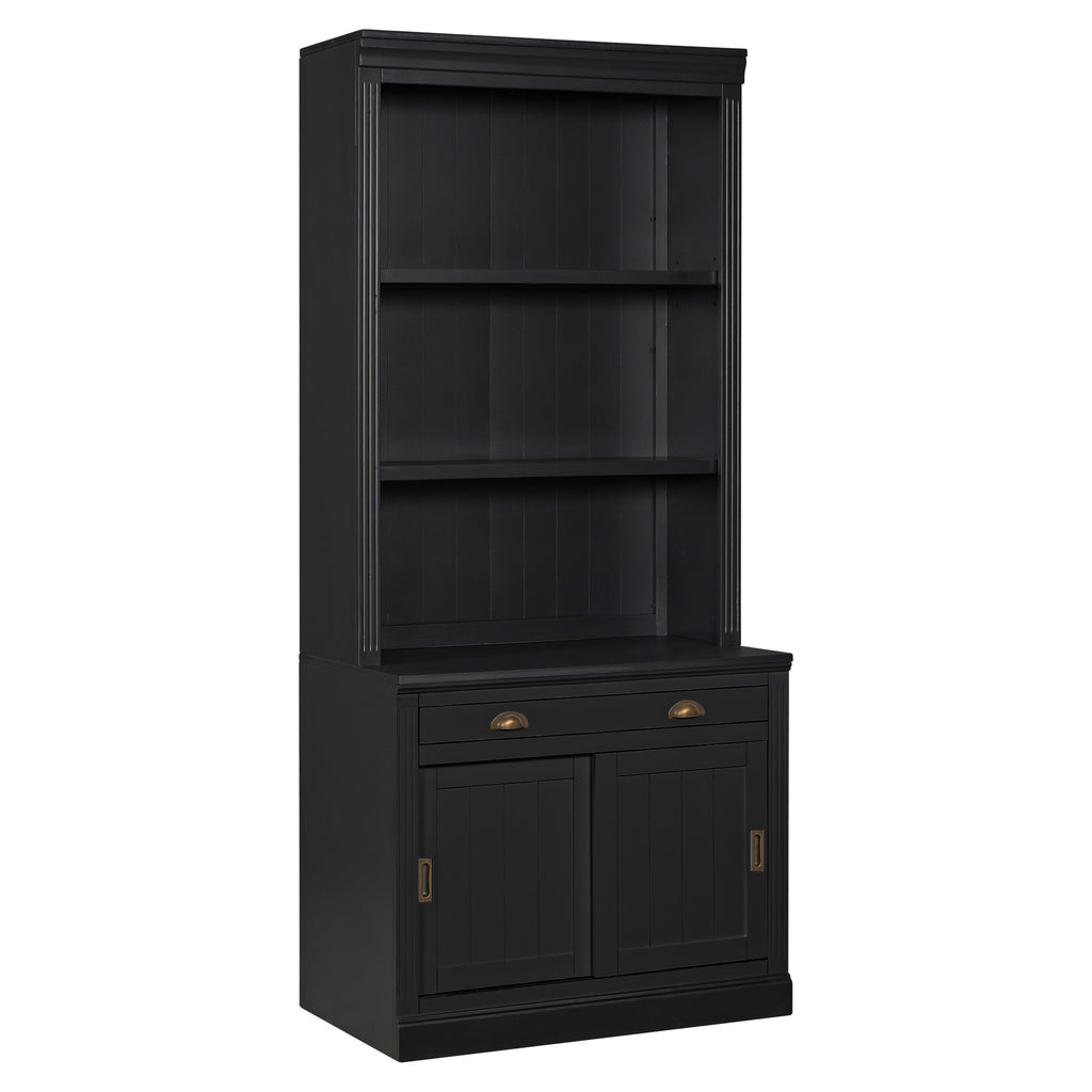 83.4'Tall Bookshelf, Modern Bookcase with Sliding Doors and Open Shelves,Storage Bookshelf for Living Room,Home Office,Black