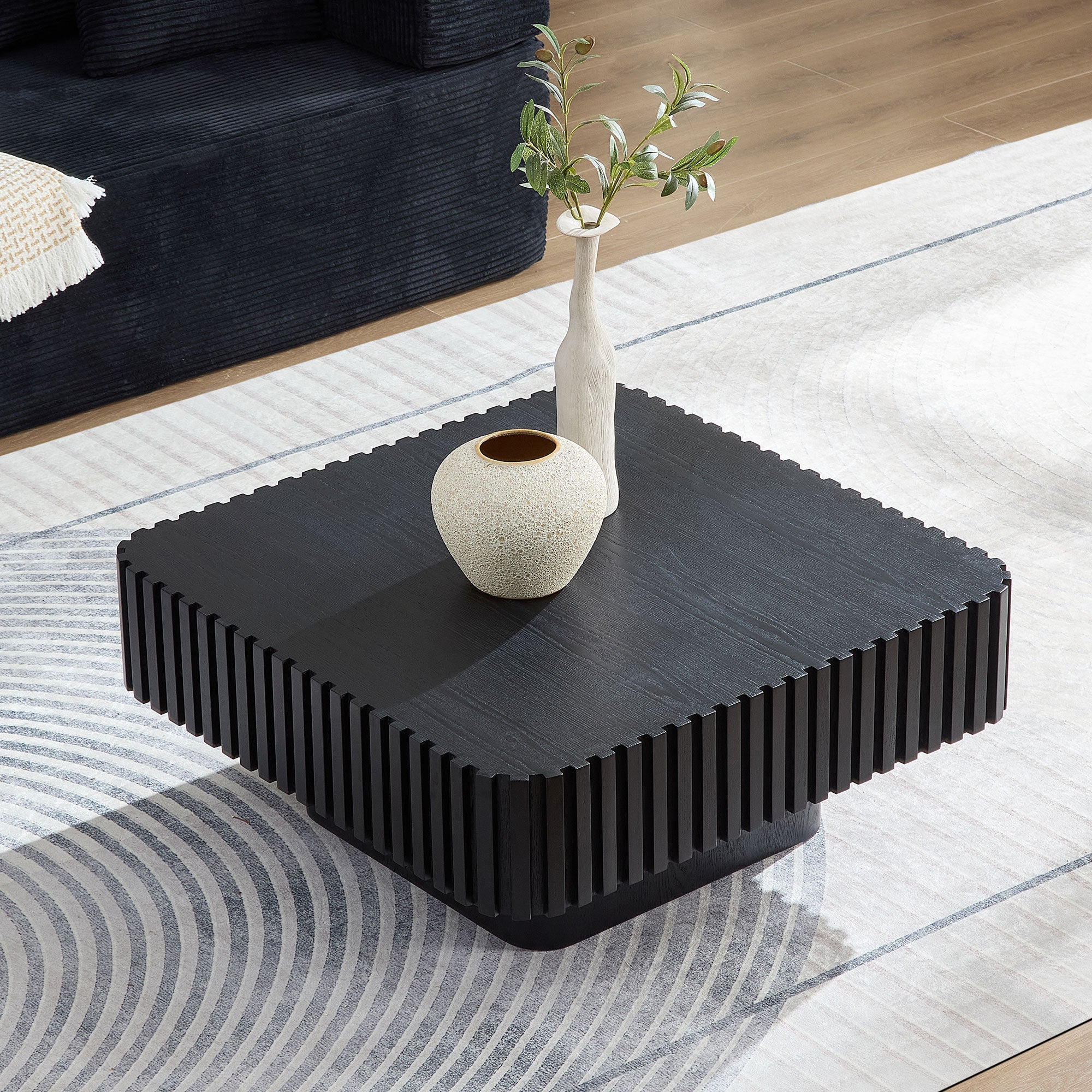Modern 31.5 Inch Handcraft Drum Coffee Table Square Coffee Table for Living Room,Small Wooden Coffee Table with Sturdy MDF Pedesta,Black Color Coffee Table