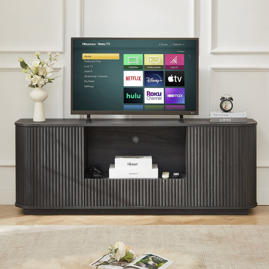 Modern Wavy TV Stand Rounded Sideboard with Storage Cabinet in Black, Particleboard & MDF, 64''W x 15''D x 24''H