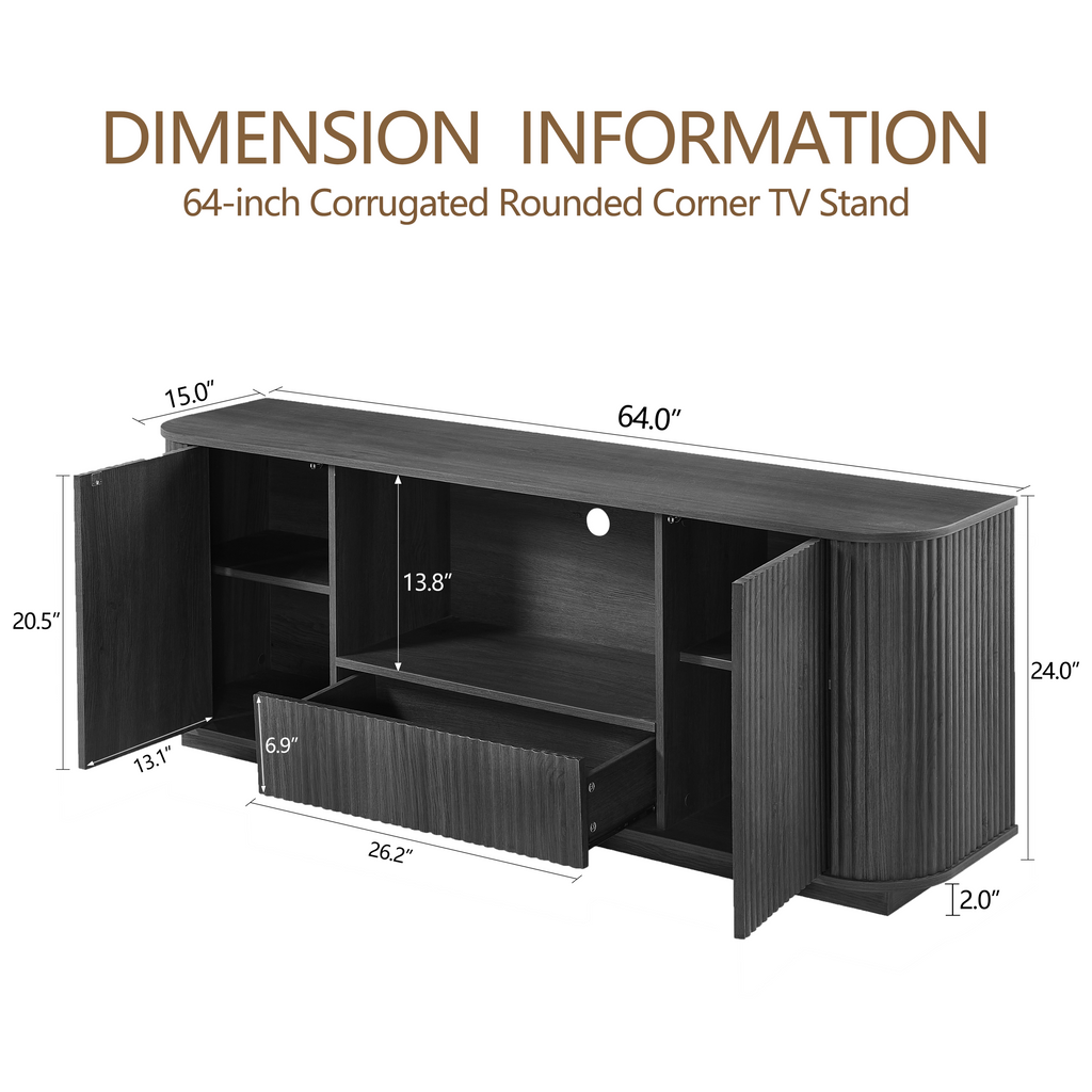 Modern Wavy TV Stand Rounded Sideboard with Storage Cabinet in Black, Particleboard & MDF, 64''W x 15''D x 24''H