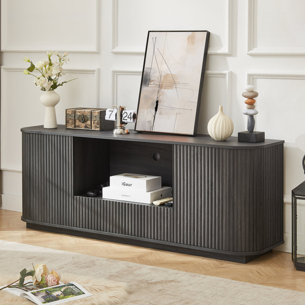 Modern Wavy TV Stand Rounded Sideboard with Storage Cabinet in Black, Particleboard & MDF, 64''W x 15''D x 24''H