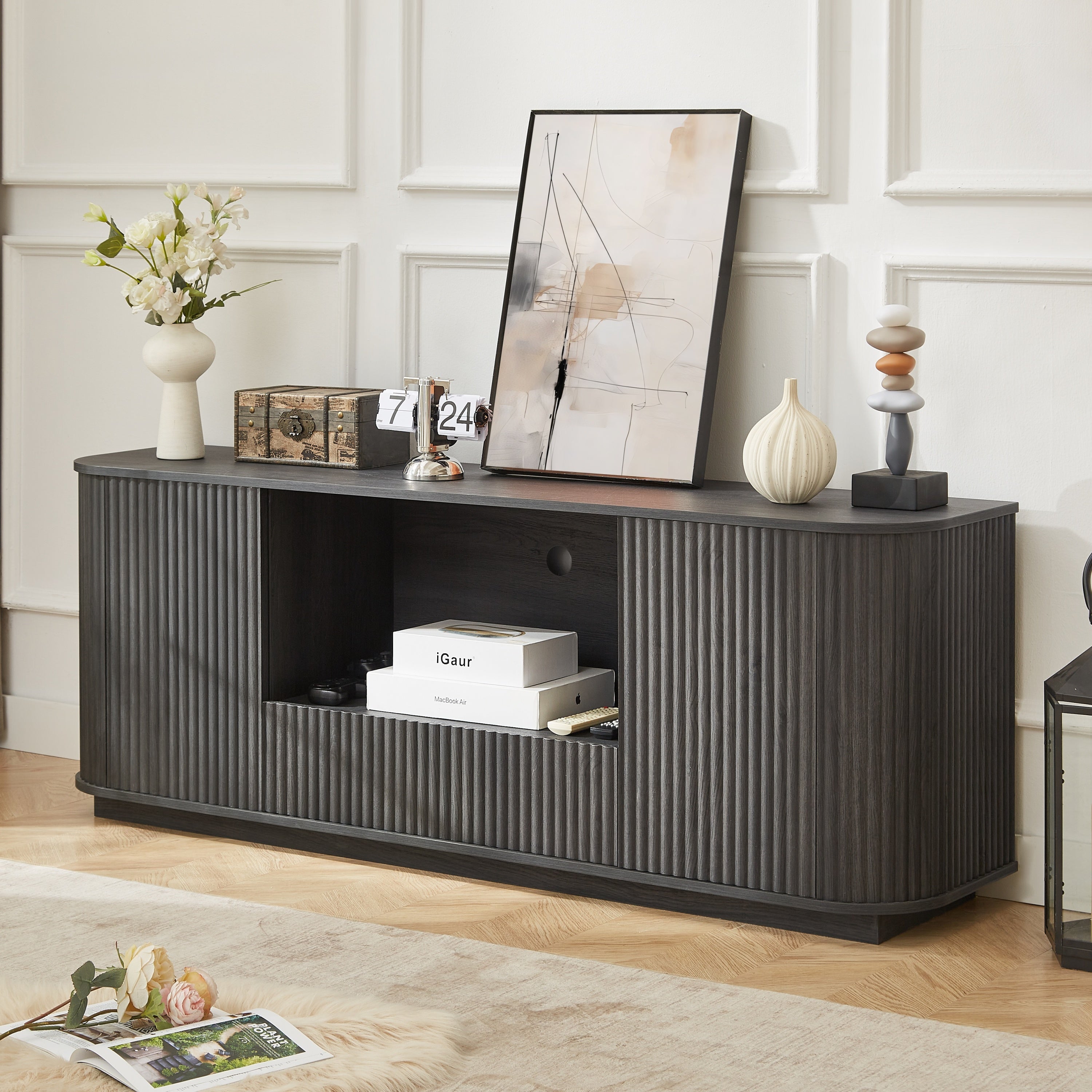 Modern Wavy TV Stand Rounded Sideboard with Storage Cabinet in Black, Particleboard & MDF, 64''W x 15''D x 24''H