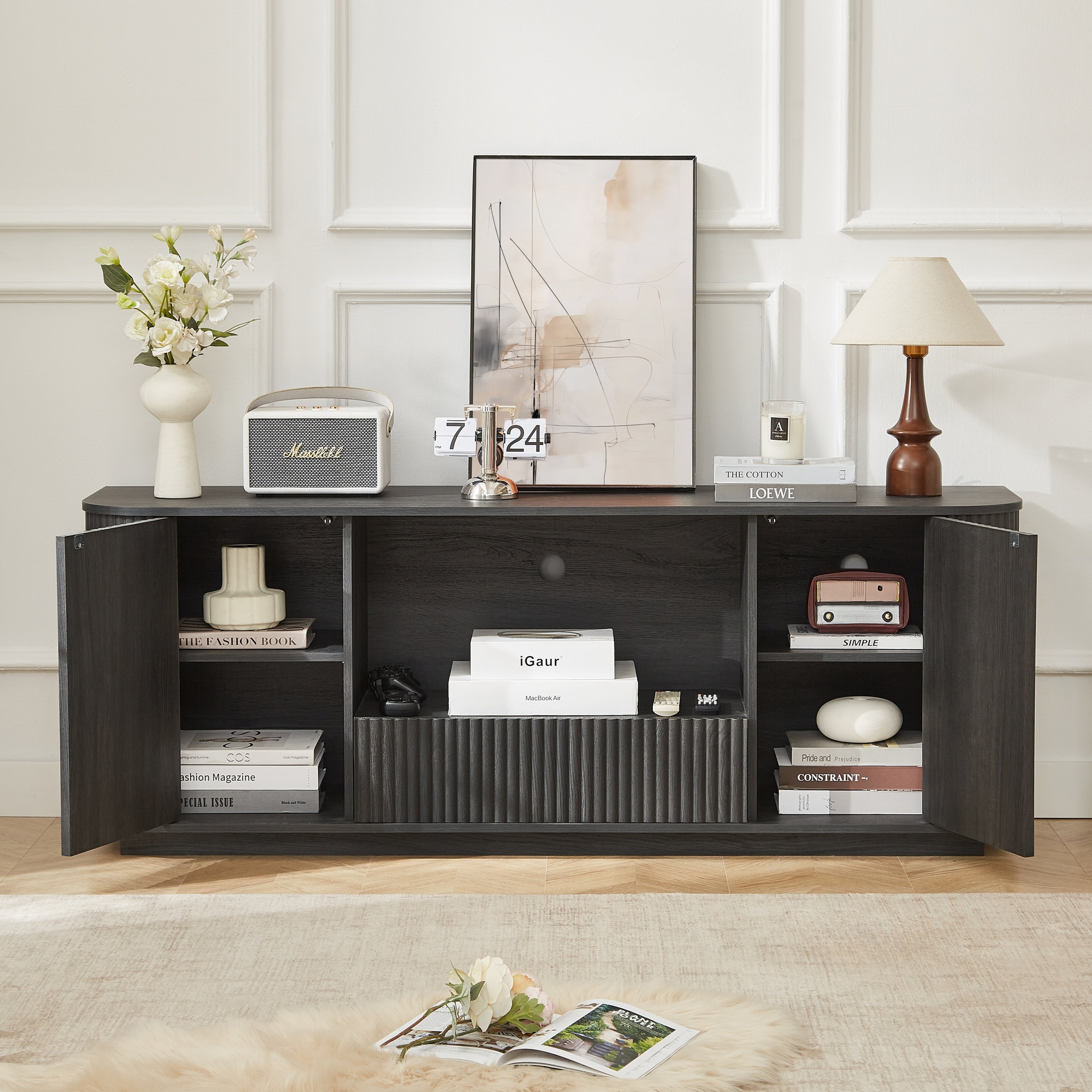 Modern Wavy TV Stand Rounded Sideboard with Storage Cabinet in Black, Particleboard & MDF, 64''W x 15''D x 24''H