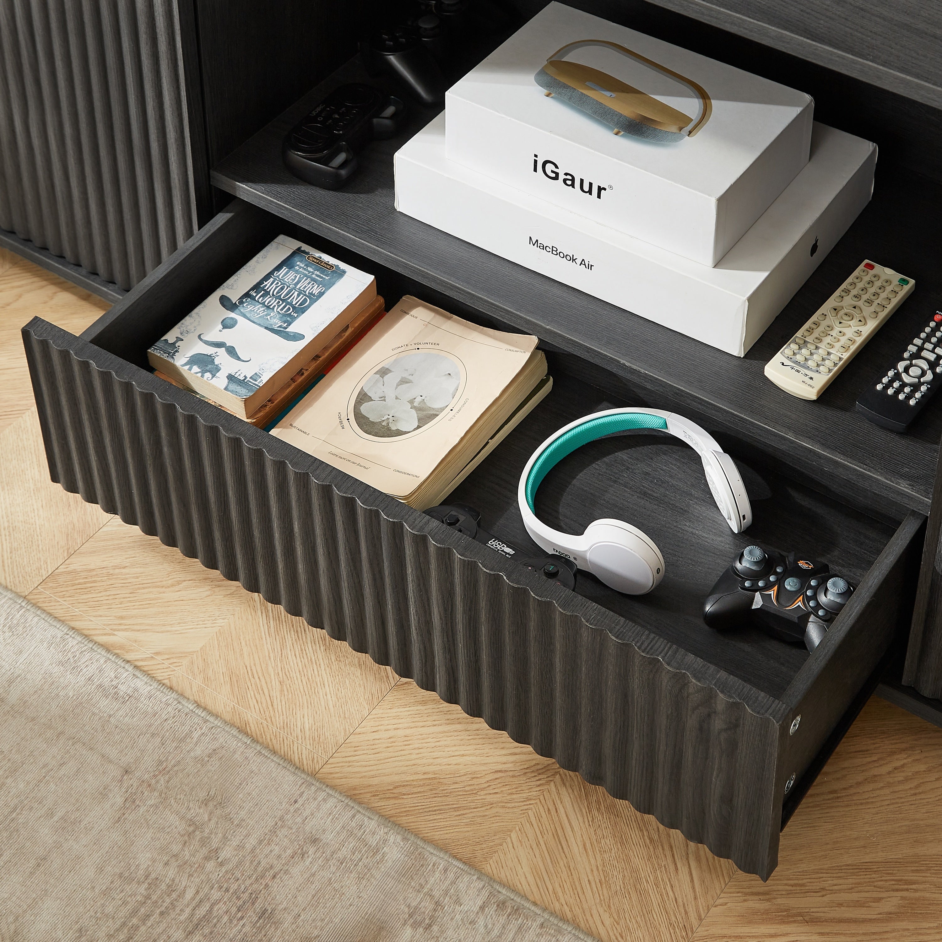 Modern Wavy TV Stand Rounded Sideboard with Storage Cabinet in Black, Particleboard & MDF, 64''W x 15''D x 24''H