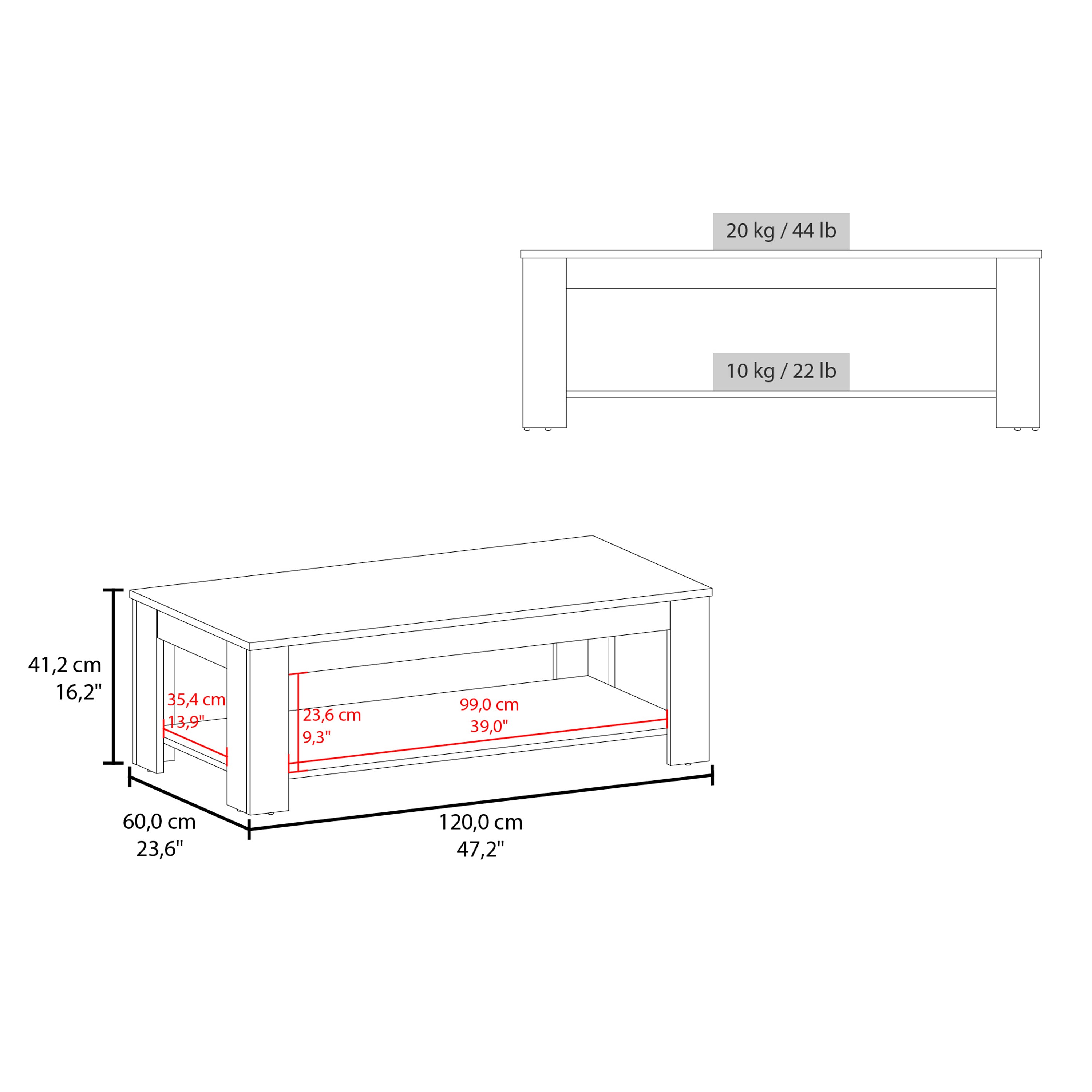 Coffee Table 16.2' H, 1 Shelf, Black Wengue / Natural Oak - Living Room Coffee Table