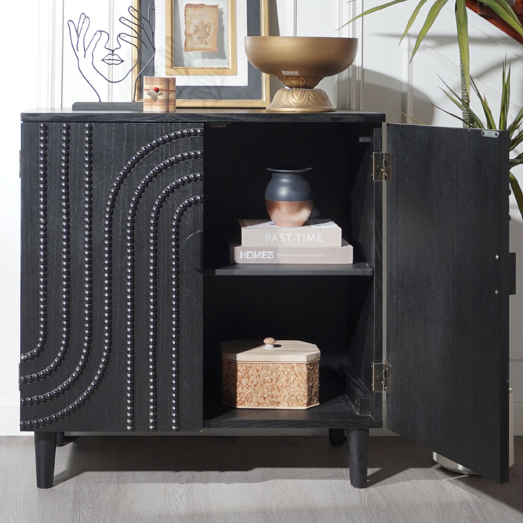 Modern Black Wood Storage Cabinet with Decorative Door, 30in Accent Sideboard for Living Room, Bedroom, or Entryway