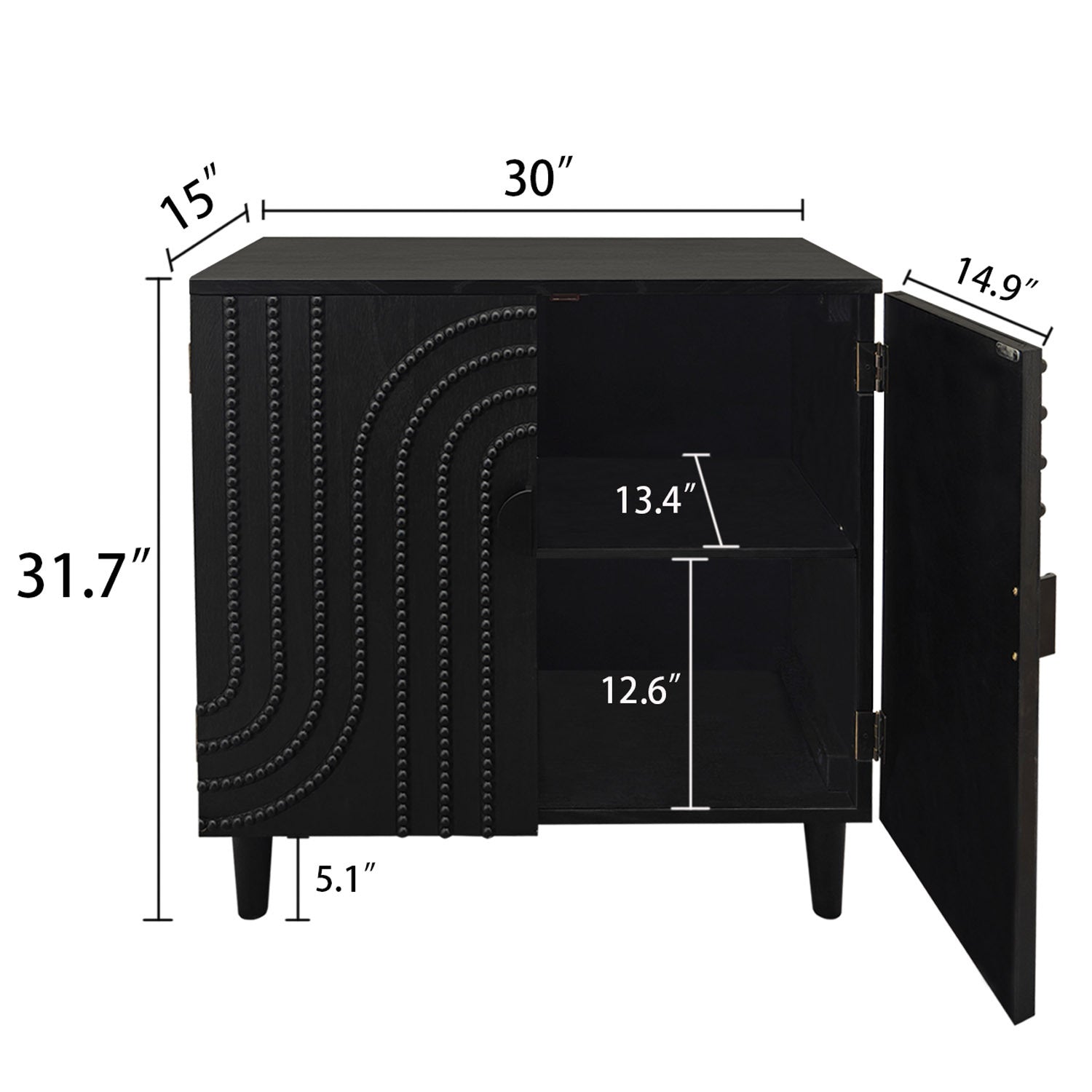 Modern Black Wood Storage Cabinet with Decorative Door, 30in Accent Sideboard for Living Room, Bedroom, or Entryway