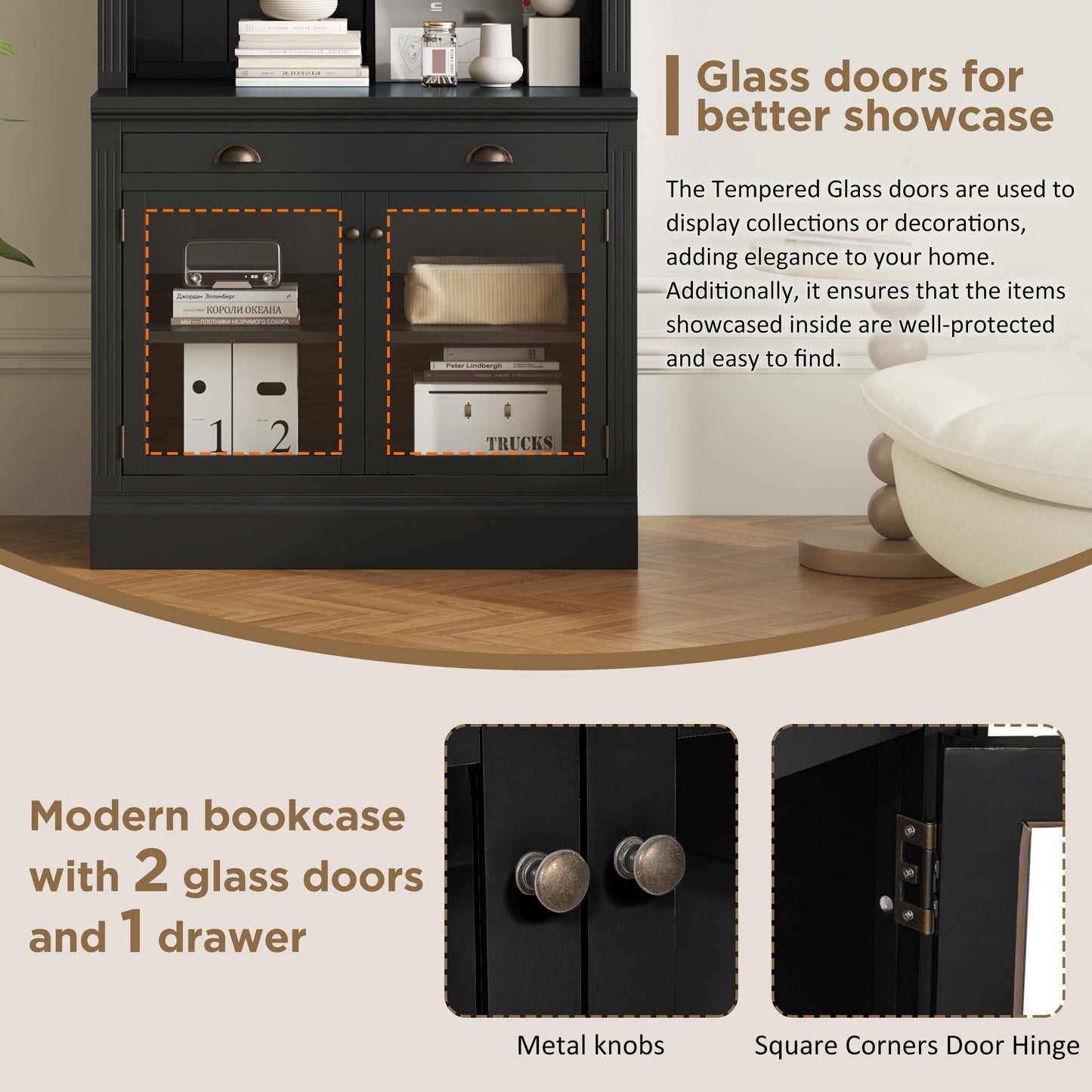 83.4'Tall Bookshelf, Modern Bookcase with 2 Glass Doors and 1 Drawer,Storage Bookcase with Open Shelves for Living Room,Home Office,Black