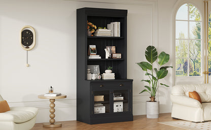 83.4'Tall Bookshelf, Modern Bookcase with 2 Glass Doors and 1 Drawer,Storage Bookcase with Open Shelves for Living Room,Home Office,Black
