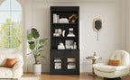 83.4'Tall Bookshelf, Modern Bookcase with 2 Glass Doors and 1 Drawer,Storage Bookcase with Open Shelves for Living Room,Home Office,Black