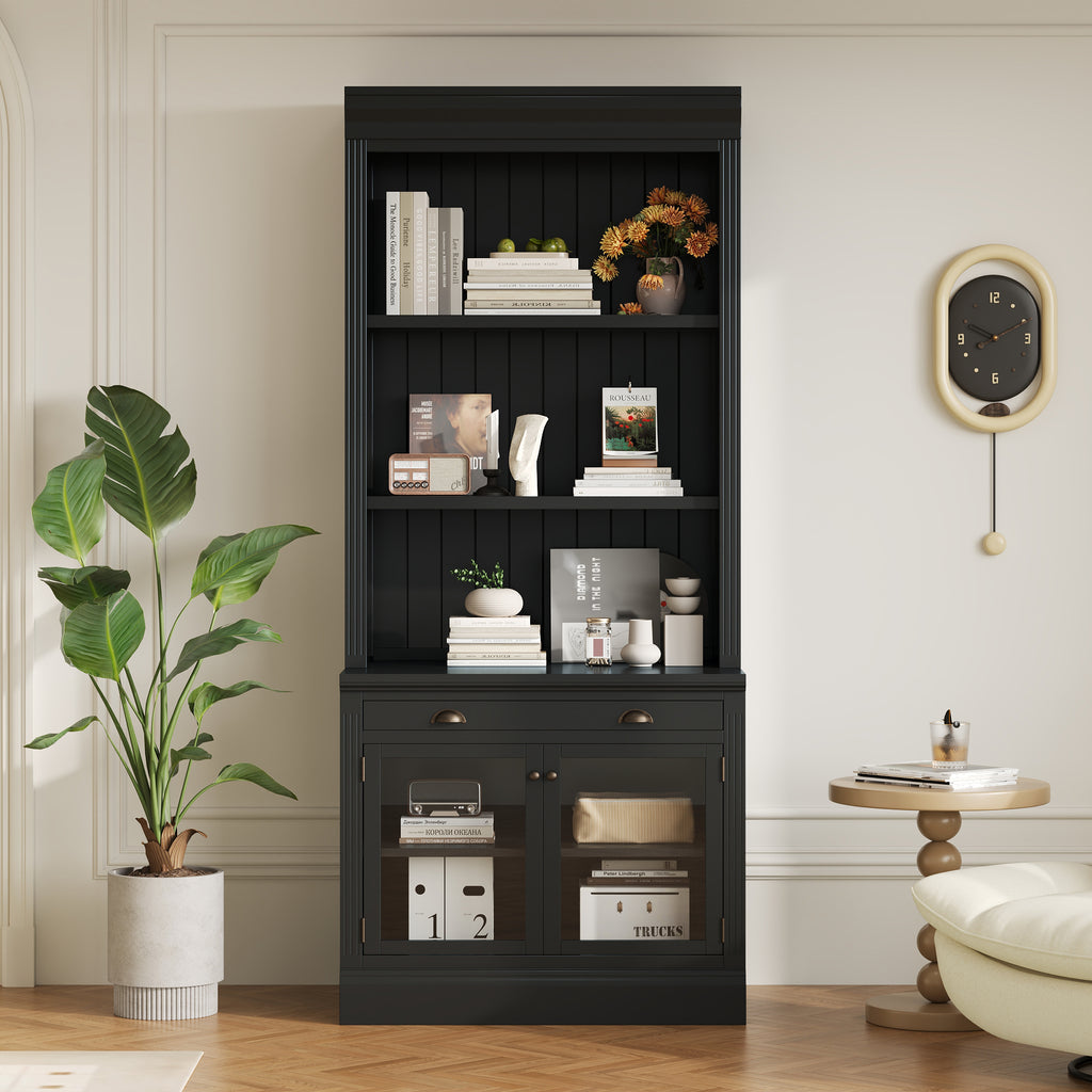 83.4'Tall Bookshelf, Modern Bookcase with 2 Glass Doors and 1 Drawer,Storage Bookcase with Open Shelves for Living Room,Home Office,Black