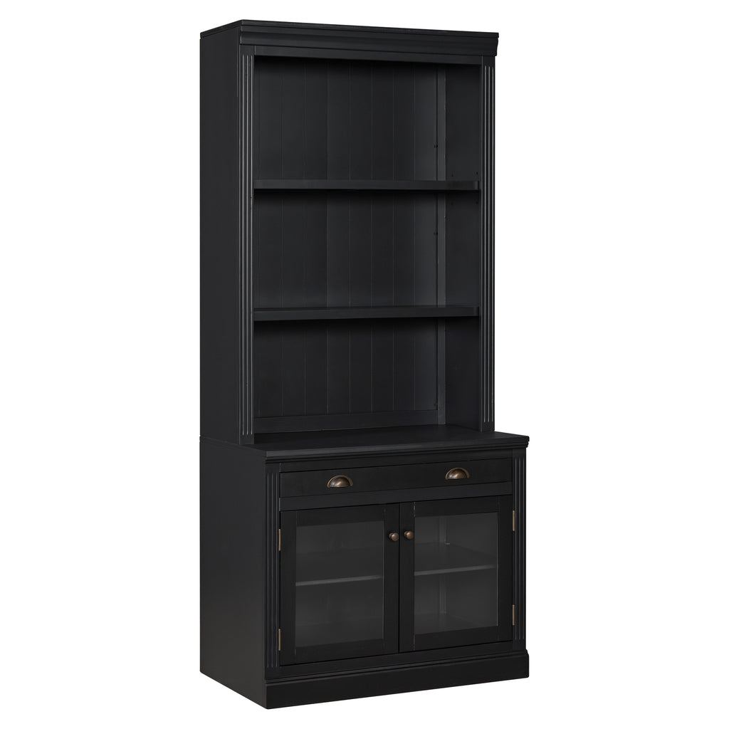 83.4'Tall Bookshelf, Modern Bookcase with 2 Glass Doors and 1 Drawer,Storage Bookcase with Open Shelves for Living Room,Home Office,Black