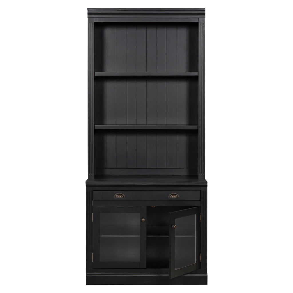 83.4'Tall Bookshelf, Modern Bookcase with 2 Glass Doors and 1 Drawer,Storage Bookcase with Open Shelves for Living Room,Home Office,Black