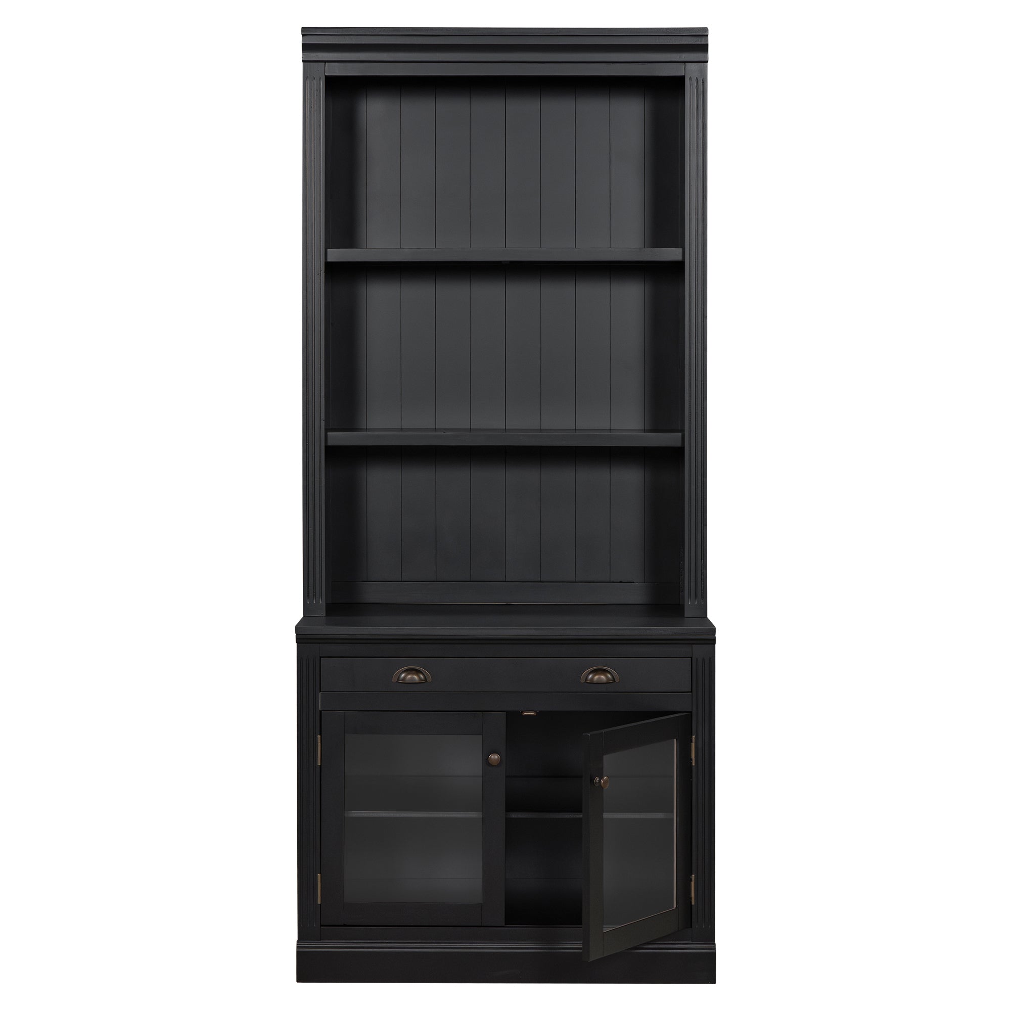 83.4'Tall Bookshelf, Modern Bookcase with 2 Glass Doors and 1 Drawer,Storage Bookcase with Open Shelves for Living Room,Home Office,Black