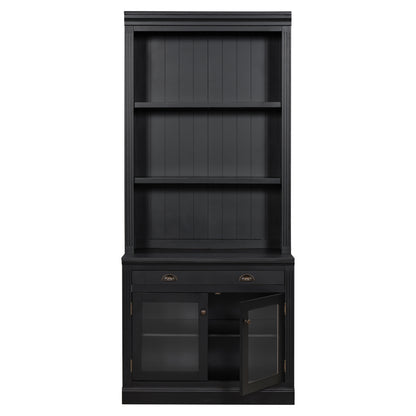 83.4'Tall Bookshelf, Modern Bookcase with 2 Glass Doors and 1 Drawer,Storage Bookcase with Open Shelves for Living Room,Home Office,Black