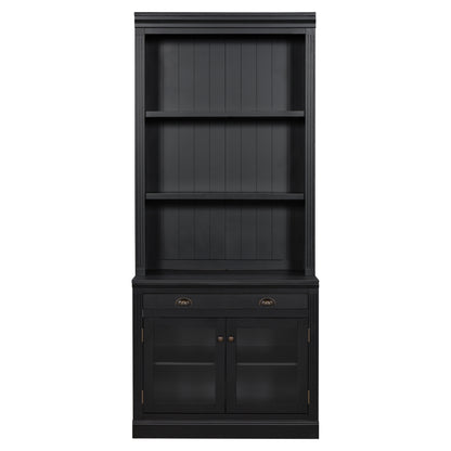 83.4'Tall Bookshelf, Modern Bookcase with 2 Glass Doors and 1 Drawer,Storage Bookcase with Open Shelves for Living Room,Home Office,Black