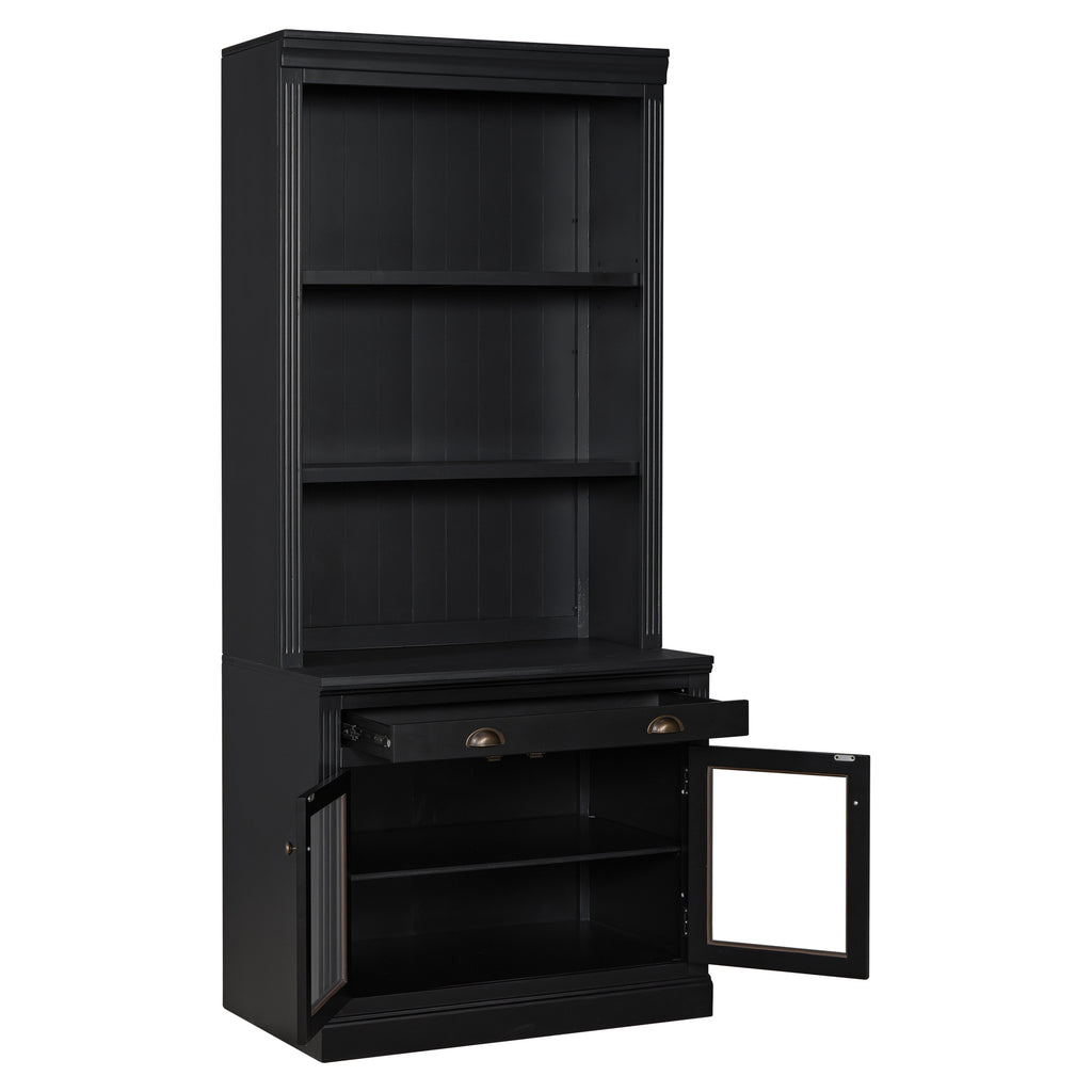 83.4'Tall Bookshelf, Modern Bookcase with 2 Glass Doors and 1 Drawer,Storage Bookcase with Open Shelves for Living Room,Home Office,Black