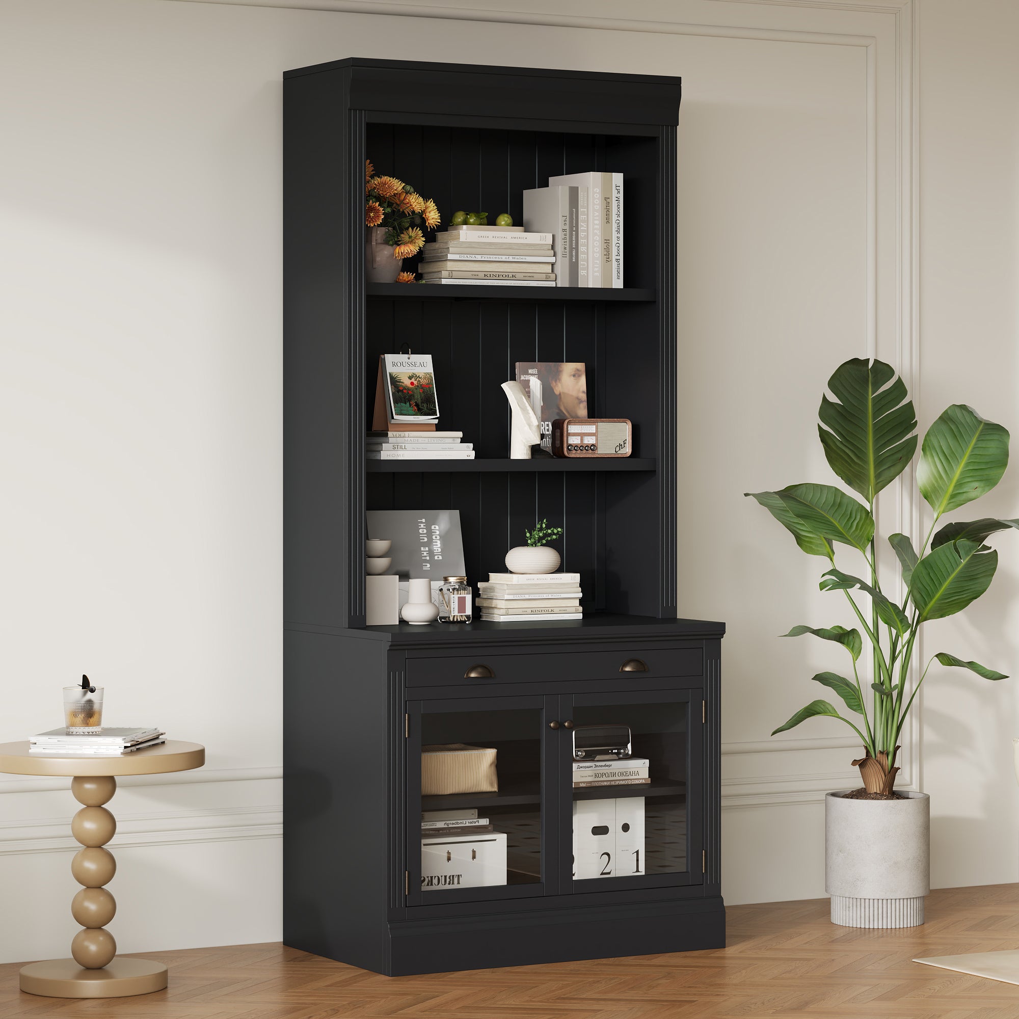 83.4'Tall Bookshelf, Modern Bookcase with 2 Glass Doors and 1 Drawer,Storage Bookcase with Open Shelves for Living Room,Home Office,Black
