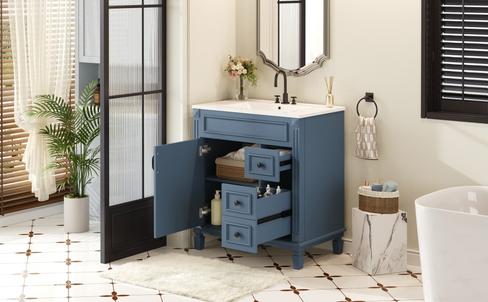 30' Bathroom Vanity with Ceramic Sink, Small Bathroom Sink Cabinet, Modern Cabinet with 2 Drawers and Adjustable Shelf