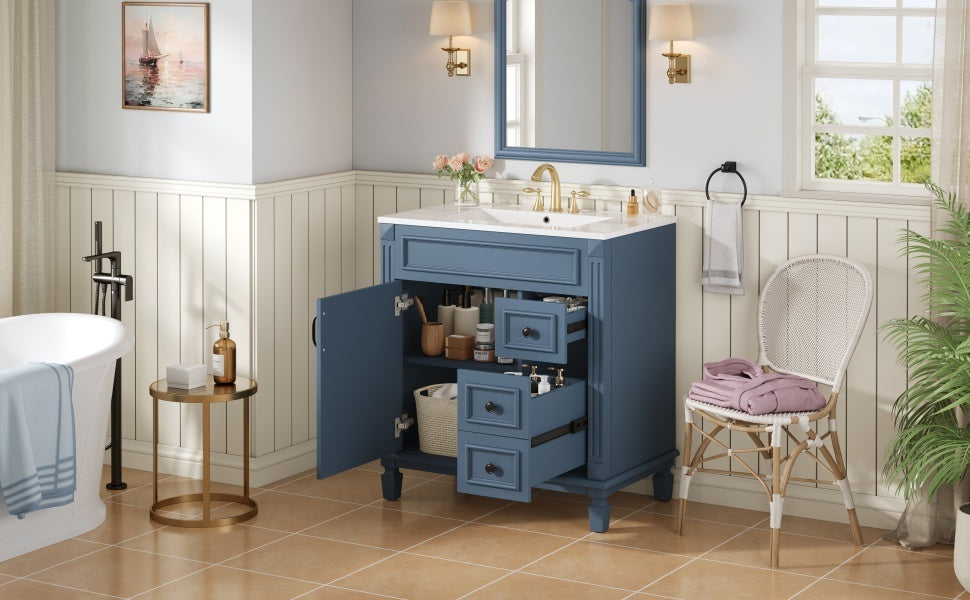 30' Bathroom Vanity with Ceramic Sink, Small Bathroom Sink Cabinet, Modern Cabinet with 2 Drawers and Adjustable Shelf