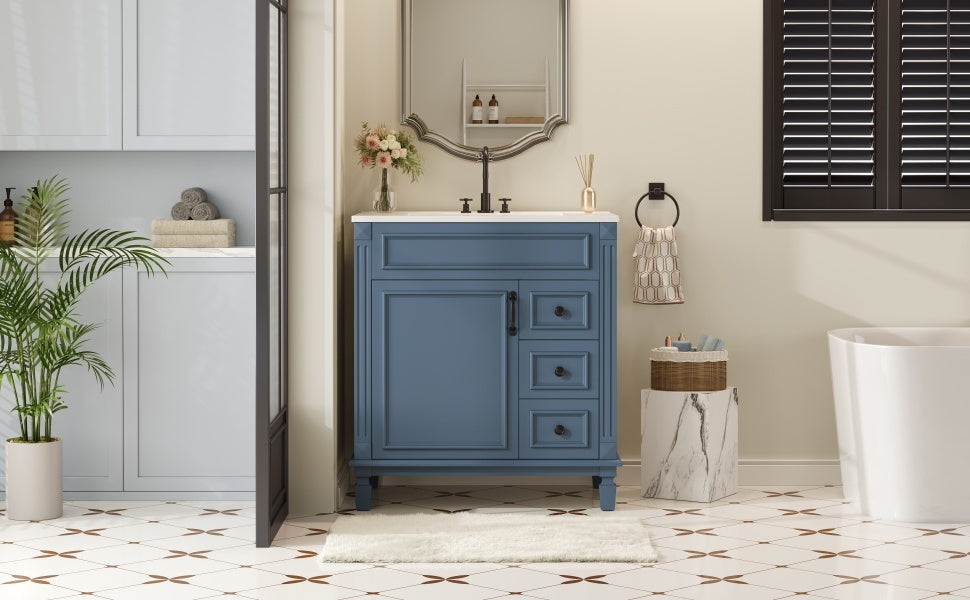 30' Bathroom Vanity with Ceramic Sink, Small Bathroom Sink Cabinet, Modern Cabinet with 2 Drawers and Adjustable Shelf