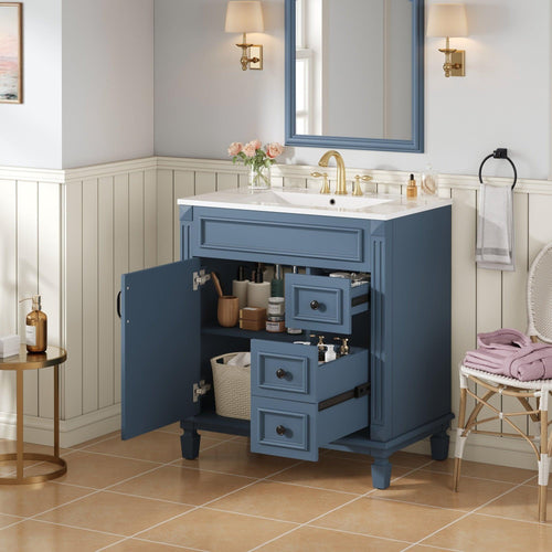 Modern Blue Ceramic Bathroom Vanity With Drawers And Shelf.
