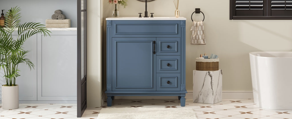 30' Bathroom Vanity with Ceramic Sink, Small Bathroom Sink Cabinet, Modern Cabinet with 2 Drawers and Adjustable Shelf