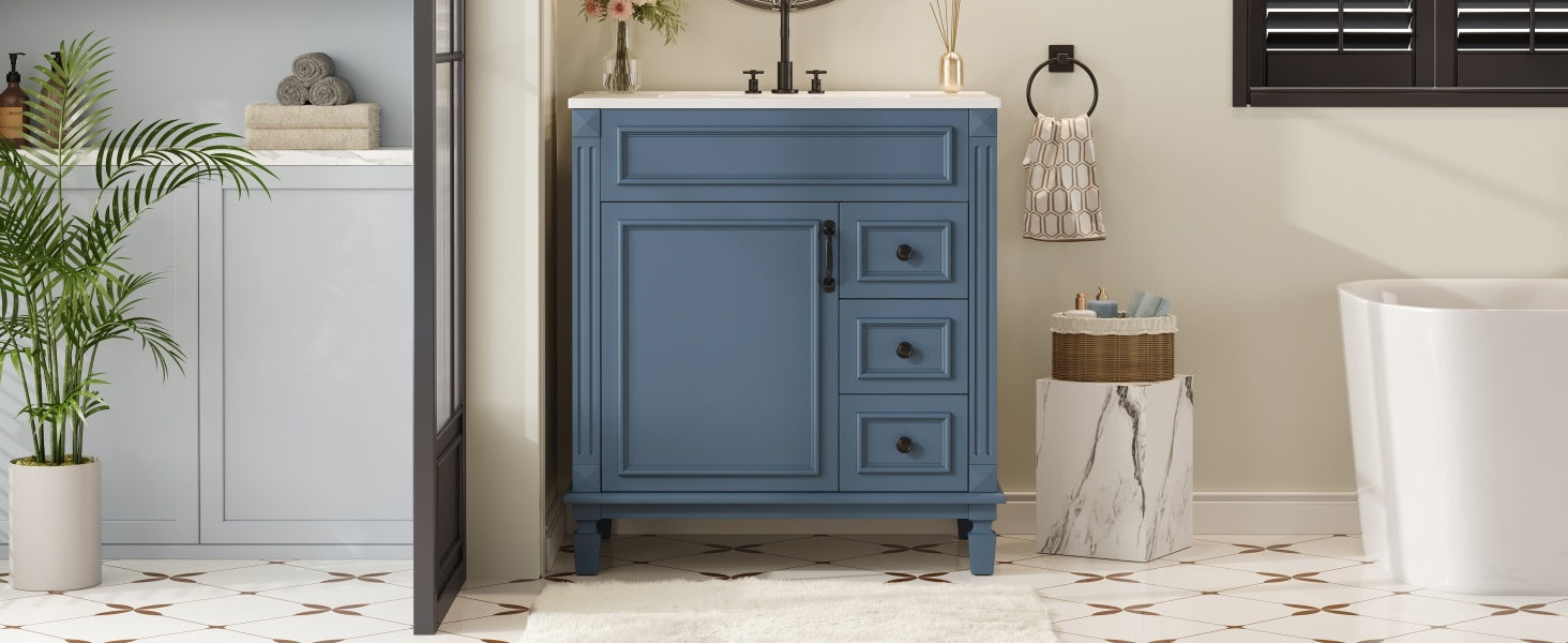 30' Bathroom Vanity with Ceramic Sink, Small Bathroom Sink Cabinet, Modern Cabinet with 2 Drawers and Adjustable Shelf