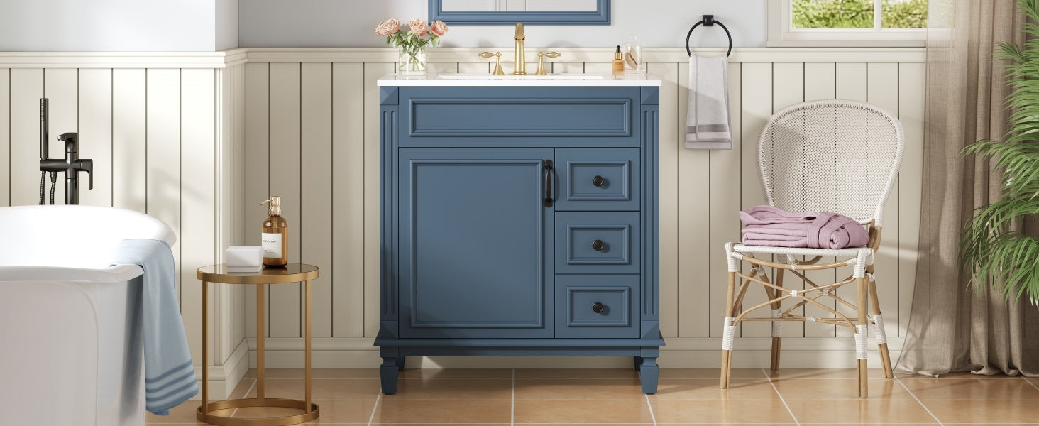 30' Bathroom Vanity with Ceramic Sink, Small Bathroom Sink Cabinet, Modern Cabinet with 2 Drawers and Adjustable Shelf