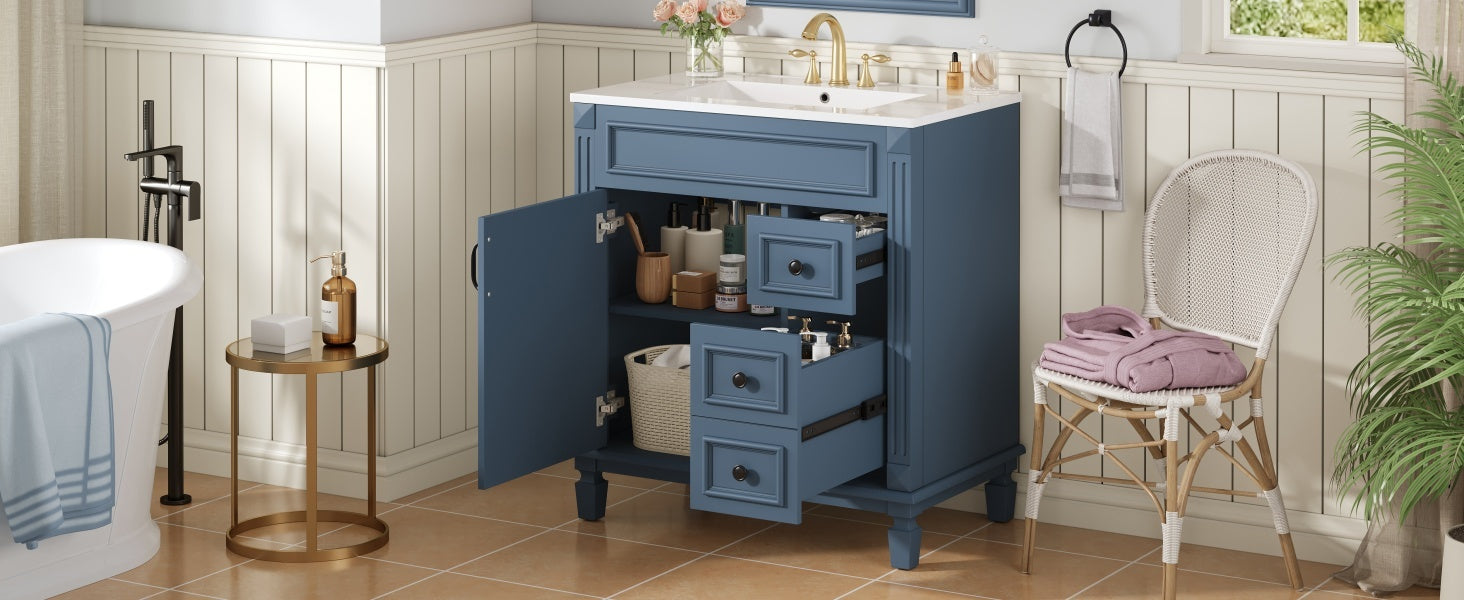 30' Bathroom Vanity with Ceramic Sink, Small Bathroom Sink Cabinet, Modern Cabinet with 2 Drawers and Adjustable Shelf