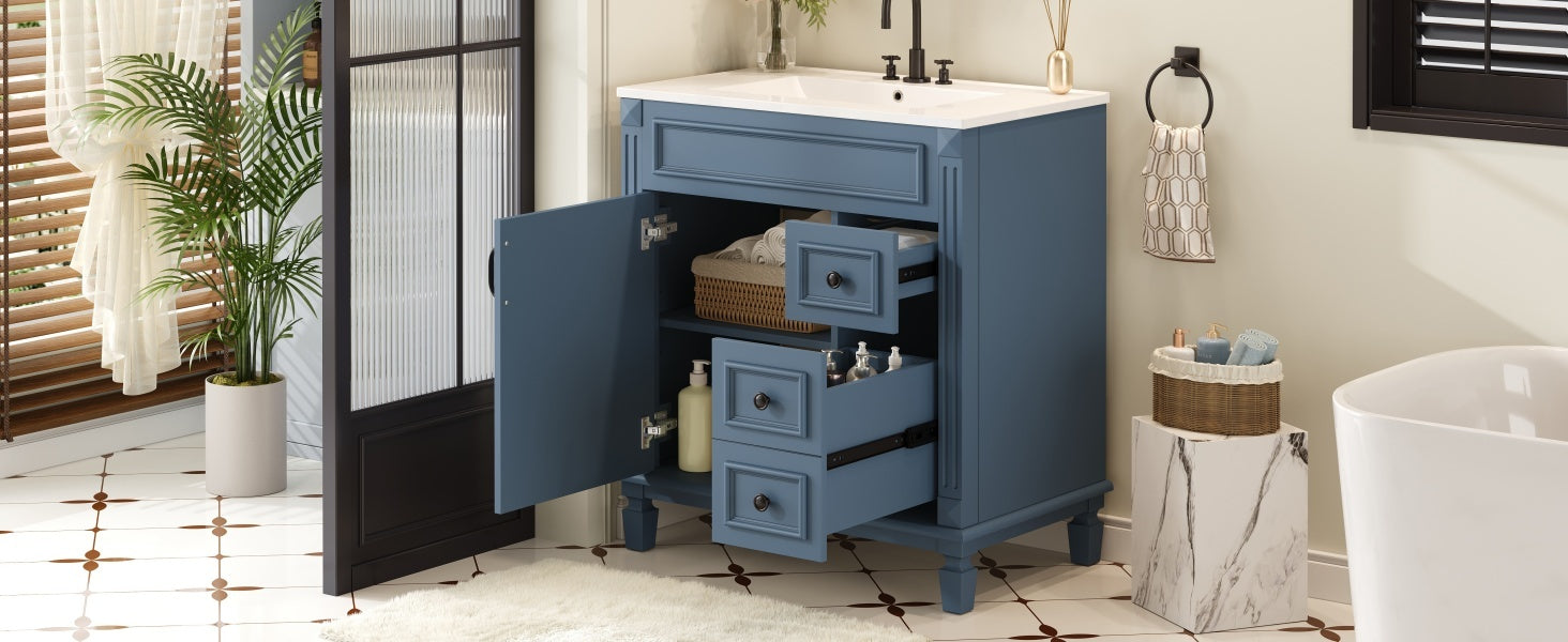 30' Bathroom Vanity with Ceramic Sink, Small Bathroom Sink Cabinet, Modern Cabinet with 2 Drawers and Adjustable Shelf