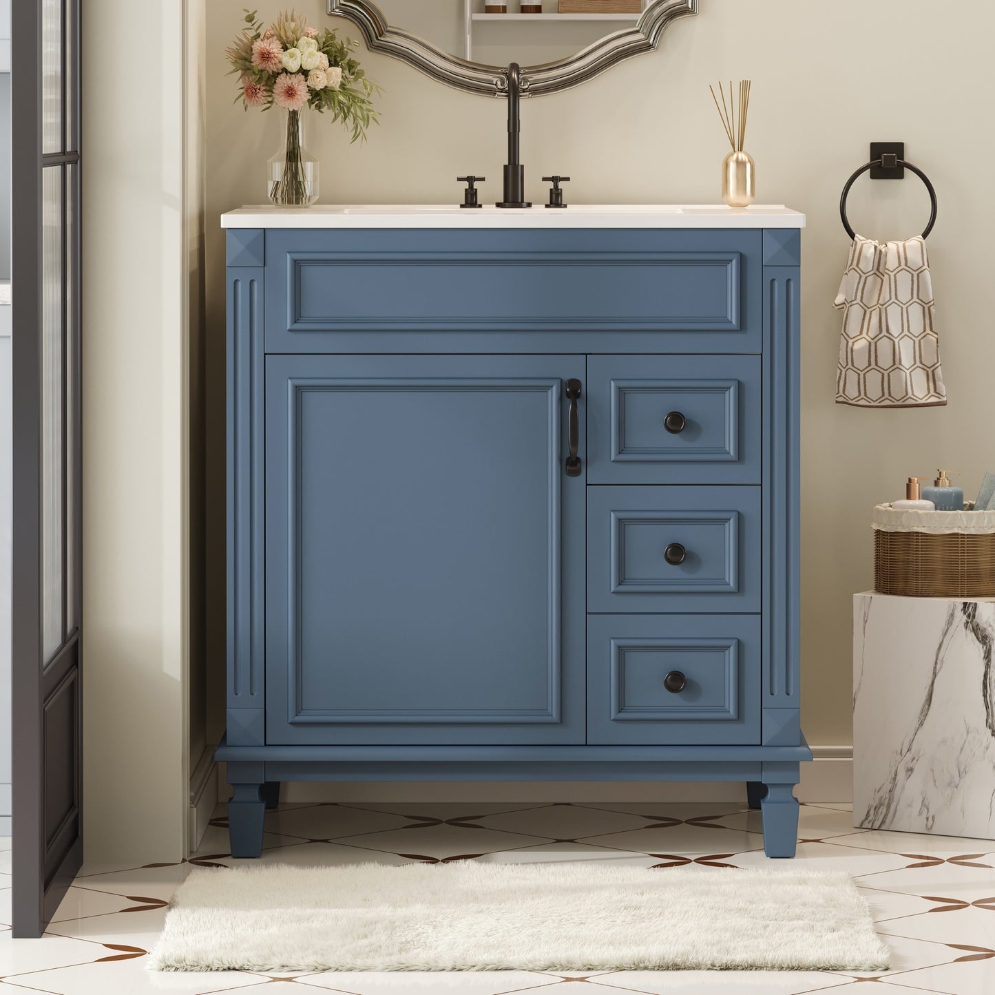 30' Bathroom Vanity with Ceramic Sink, Small Bathroom Sink Cabinet, Modern Cabinet with 2 Drawers and Adjustable Shelf