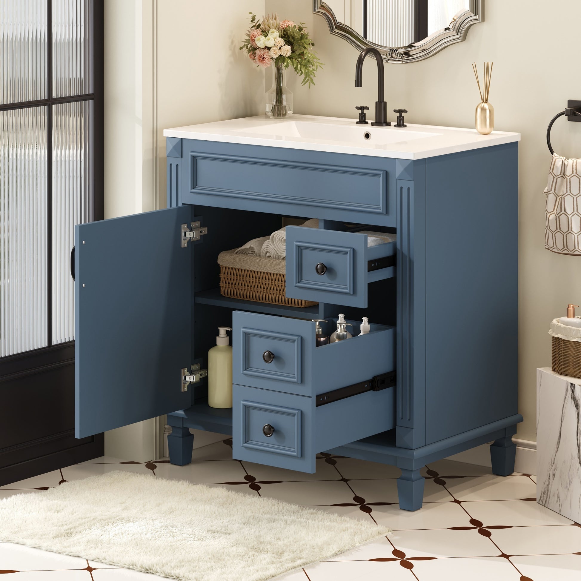 30' Bathroom Vanity with Ceramic Sink, Small Bathroom Sink Cabinet, Modern Cabinet with 2 Drawers and Adjustable Shelf