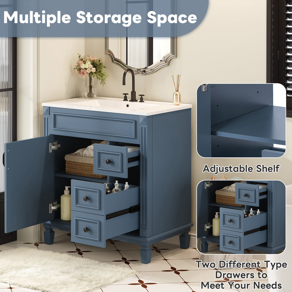 30' Bathroom Vanity with Ceramic Sink, Small Bathroom Sink Cabinet, Modern Cabinet with 2 Drawers and Adjustable Shelf