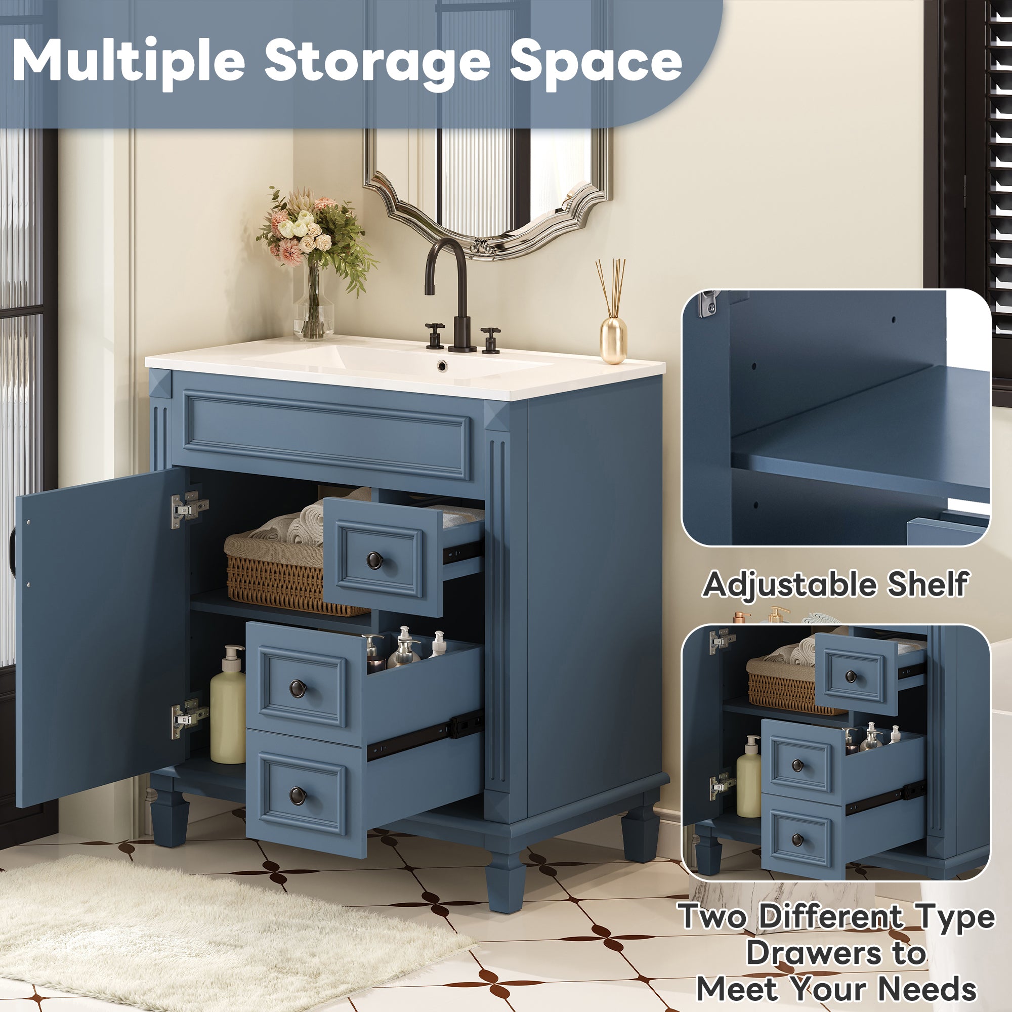 30' Bathroom Vanity with Ceramic Sink, Small Bathroom Sink Cabinet, Modern Cabinet with 2 Drawers and Adjustable Shelf