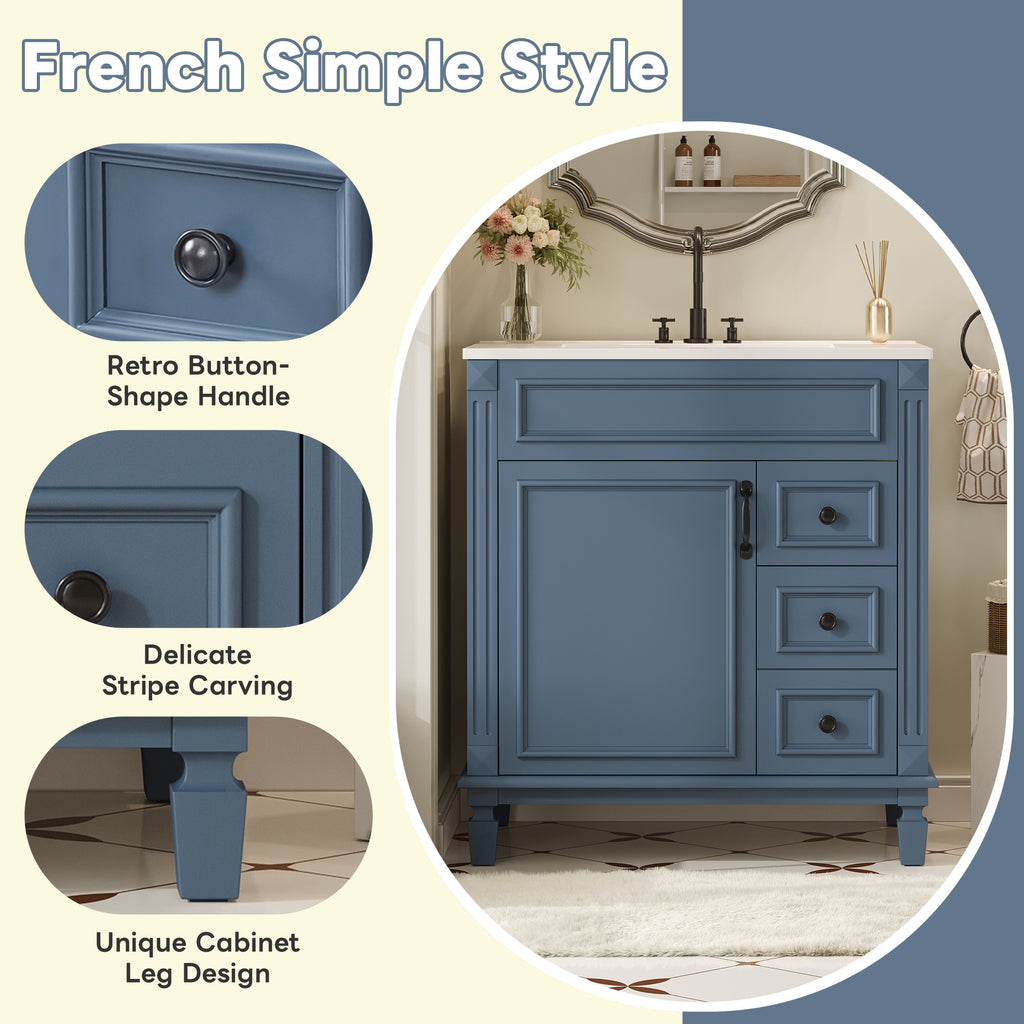 30' Bathroom Vanity with Ceramic Sink, Small Bathroom Sink Cabinet, Modern Cabinet with 2 Drawers and Adjustable Shelf