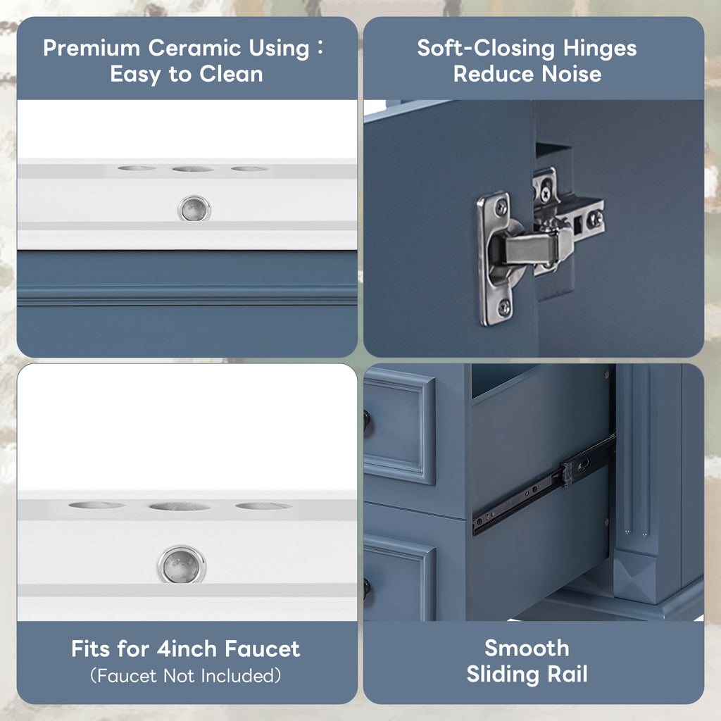 30' Bathroom Vanity with Ceramic Sink, Small Bathroom Sink Cabinet, Modern Cabinet with 2 Drawers and Adjustable Shelf