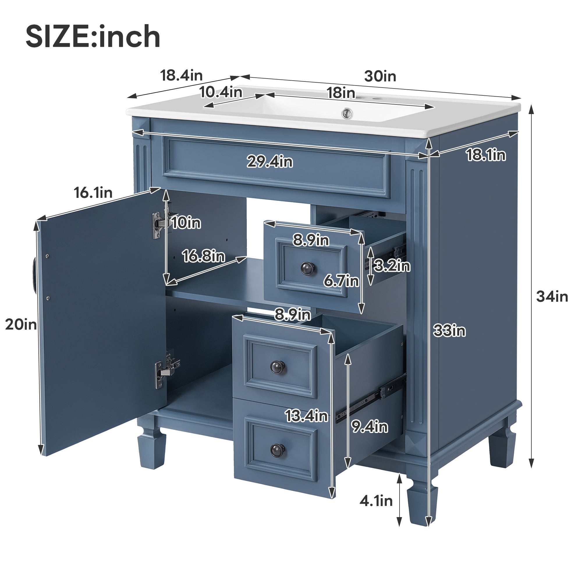 30' Bathroom Vanity with Ceramic Sink, Small Bathroom Sink Cabinet, Modern Cabinet with 2 Drawers and Adjustable Shelf