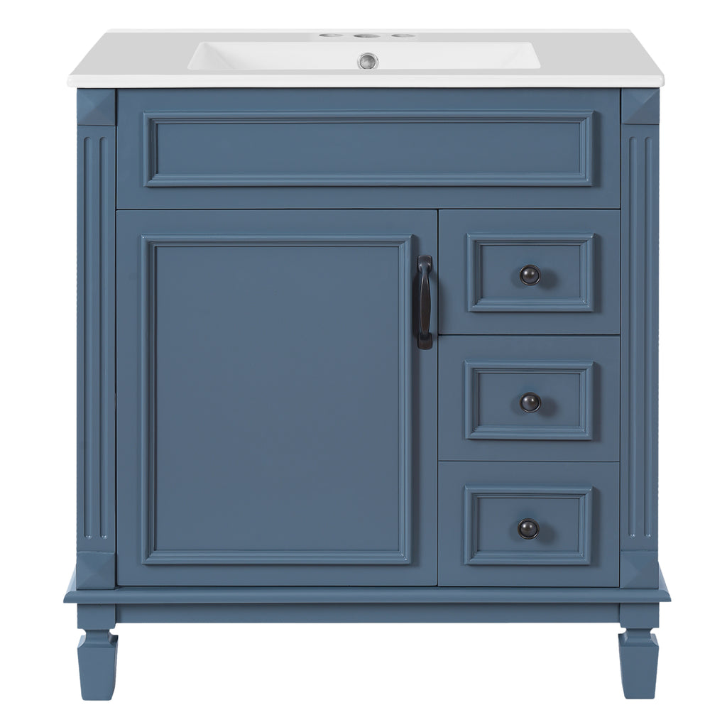 30' Bathroom Vanity with Ceramic Sink, Small Bathroom Sink Cabinet, Modern Cabinet with 2 Drawers and Adjustable Shelf