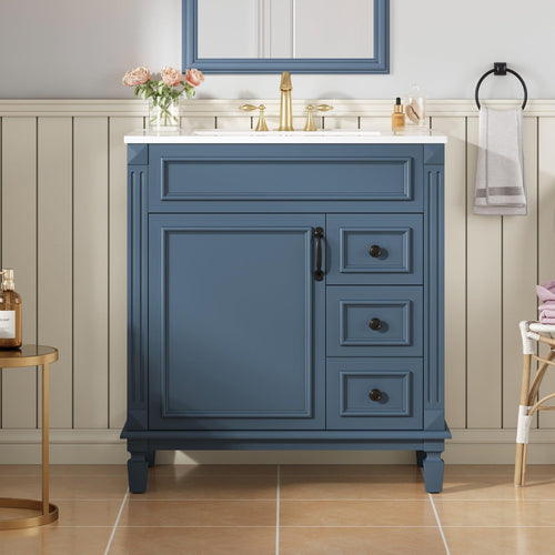 Modern Blue Ceramic Bathroom Vanity With Drawers And Shelf.
