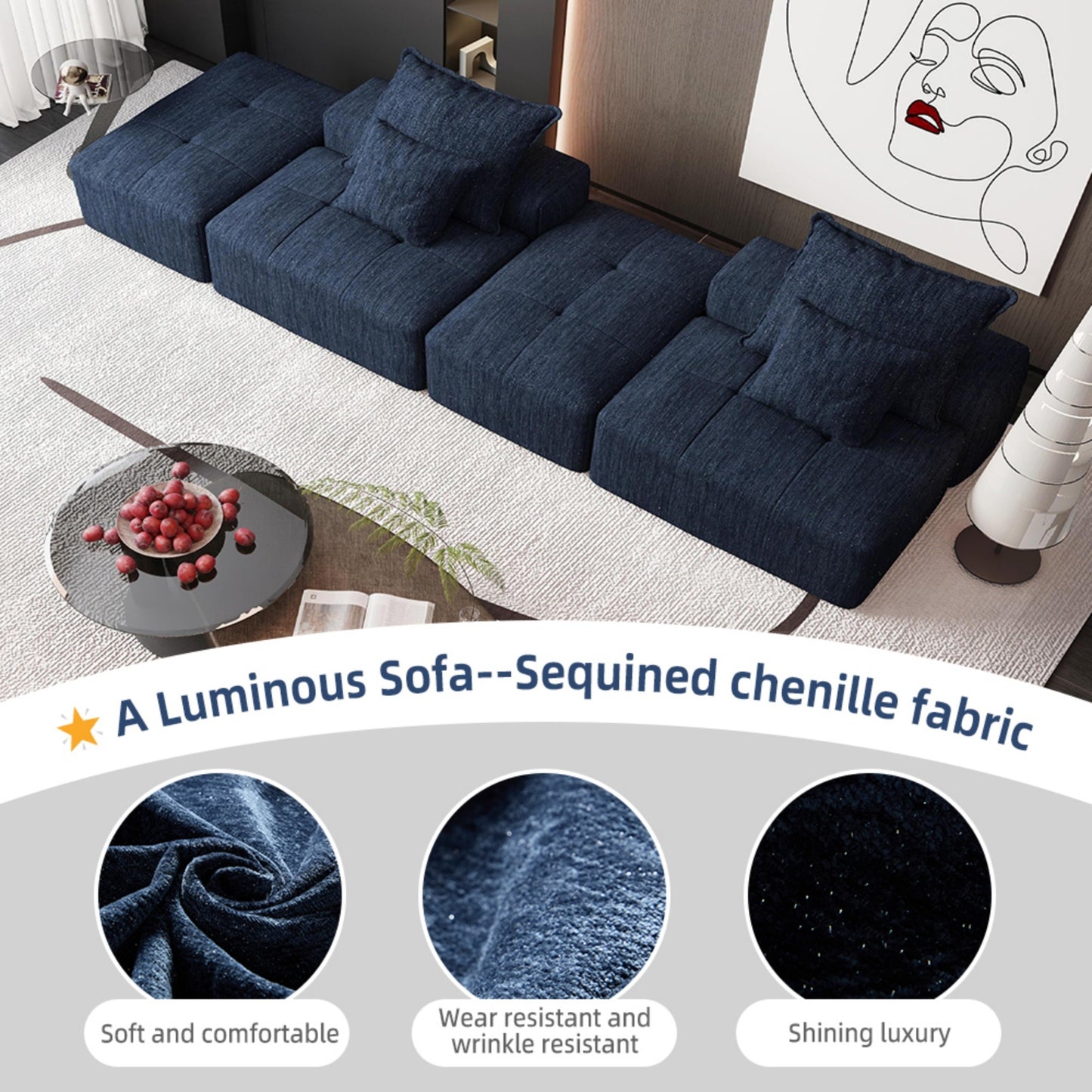 Modern Oversized Modular Sectional Sofa with 2 Ottoman and 2 seat,Sparkling Chenille Fabric Soft Cushion Sofa with 4 Pillows,4 PCS DIY Combination Tufted Sofa,No Assembly Required,BLUE