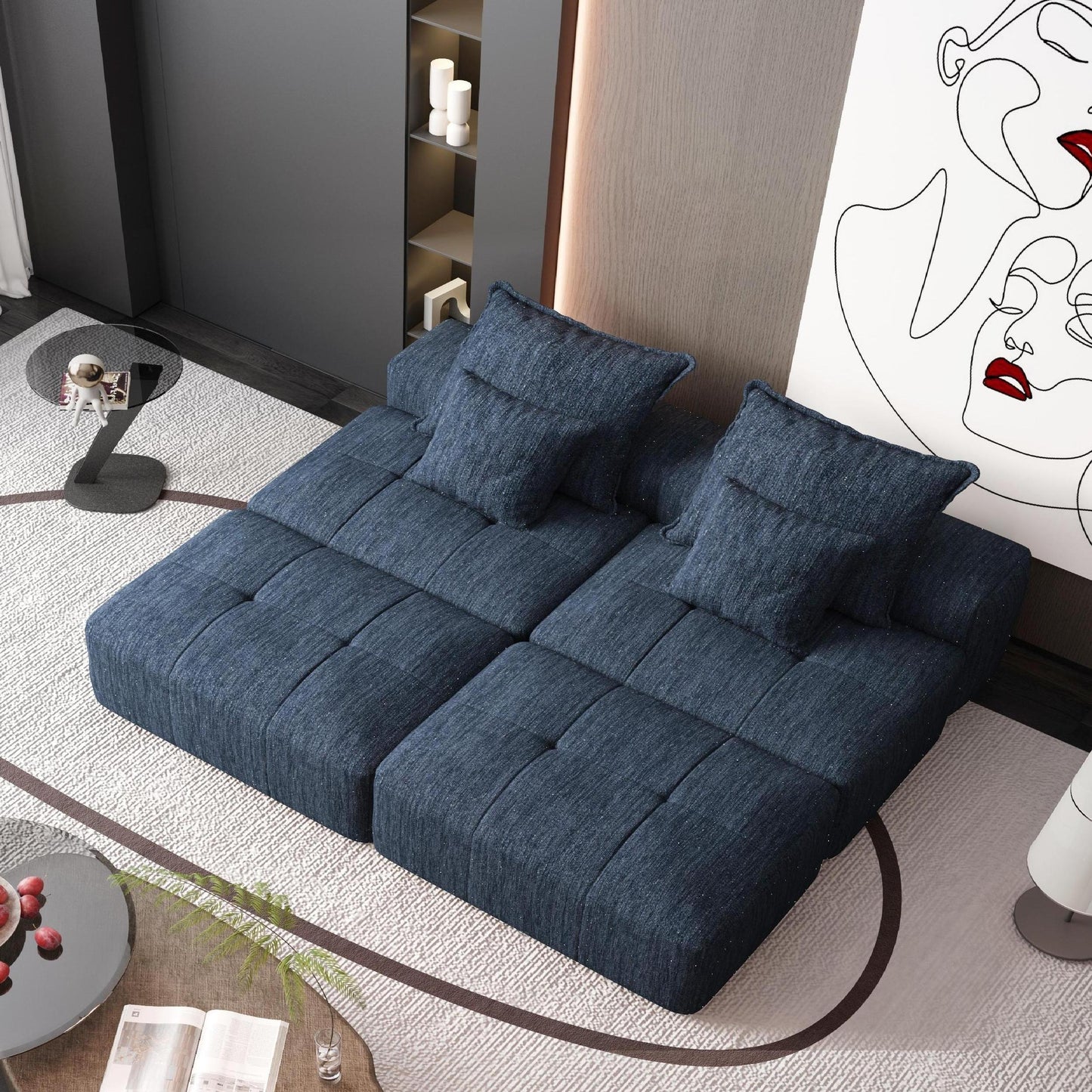 Modern Oversized Modular Sectional Sofa with 2 Ottoman and 2 seat,Sparkling Chenille Fabric Soft Cushion Sofa with 4 Pillows,4 PCS DIY Combination Tufted Sofa,No Assembly Required,BLUE