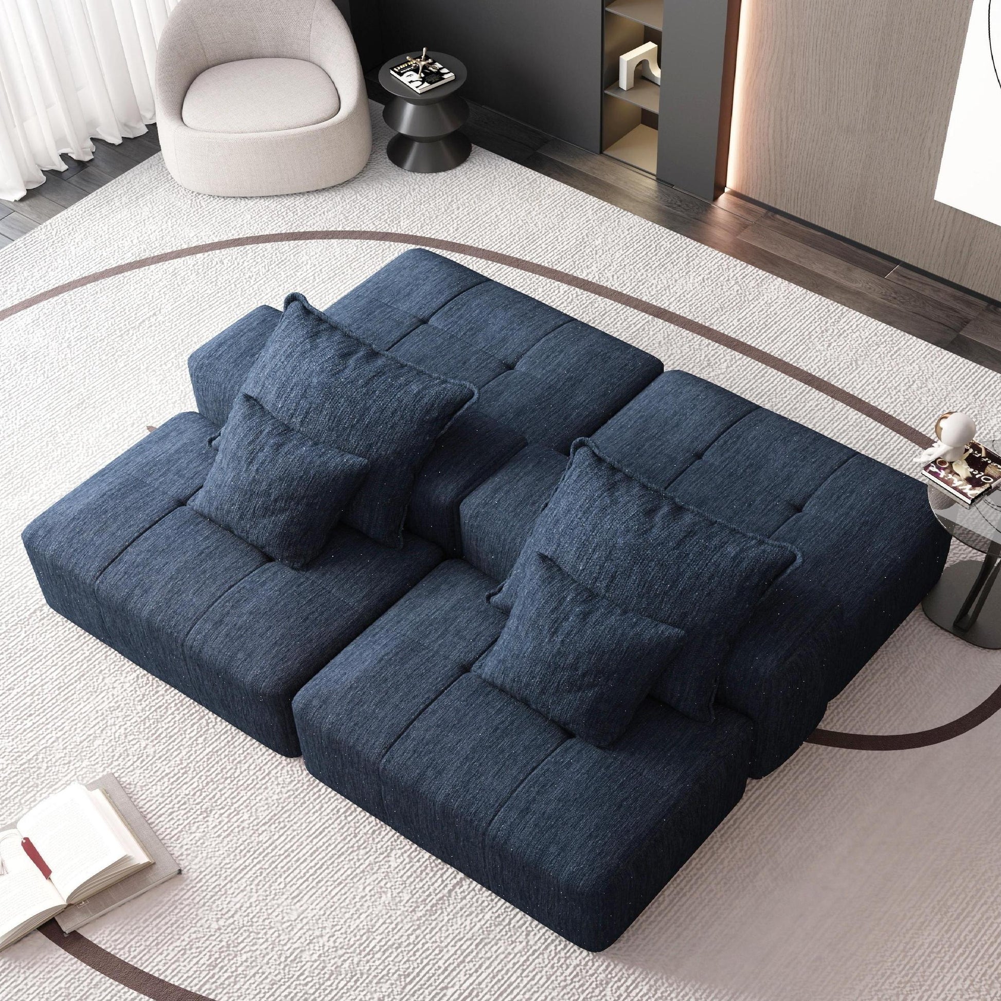 Modern Oversized Modular Sectional Sofa with 2 Ottoman and 2 seat,Sparkling Chenille Fabric Soft Cushion Sofa with 4 Pillows,4 PCS DIY Combination Tufted Sofa,No Assembly Required,BLUE