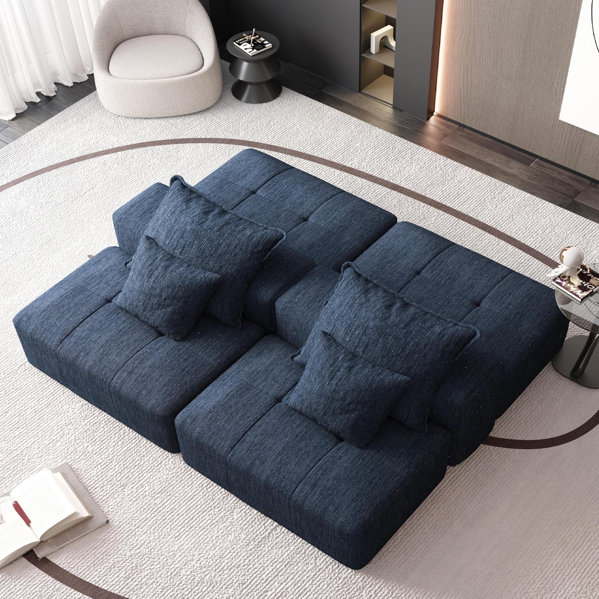 Modern Oversized Modular Sectional Sofa with 2 Ottoman and 2 seat,Sparkling Chenille Fabric Soft Cushion Sofa with 4 Pillows,4 PCS DIY Combination Tufted Sofa,No Assembly Required,BLUE