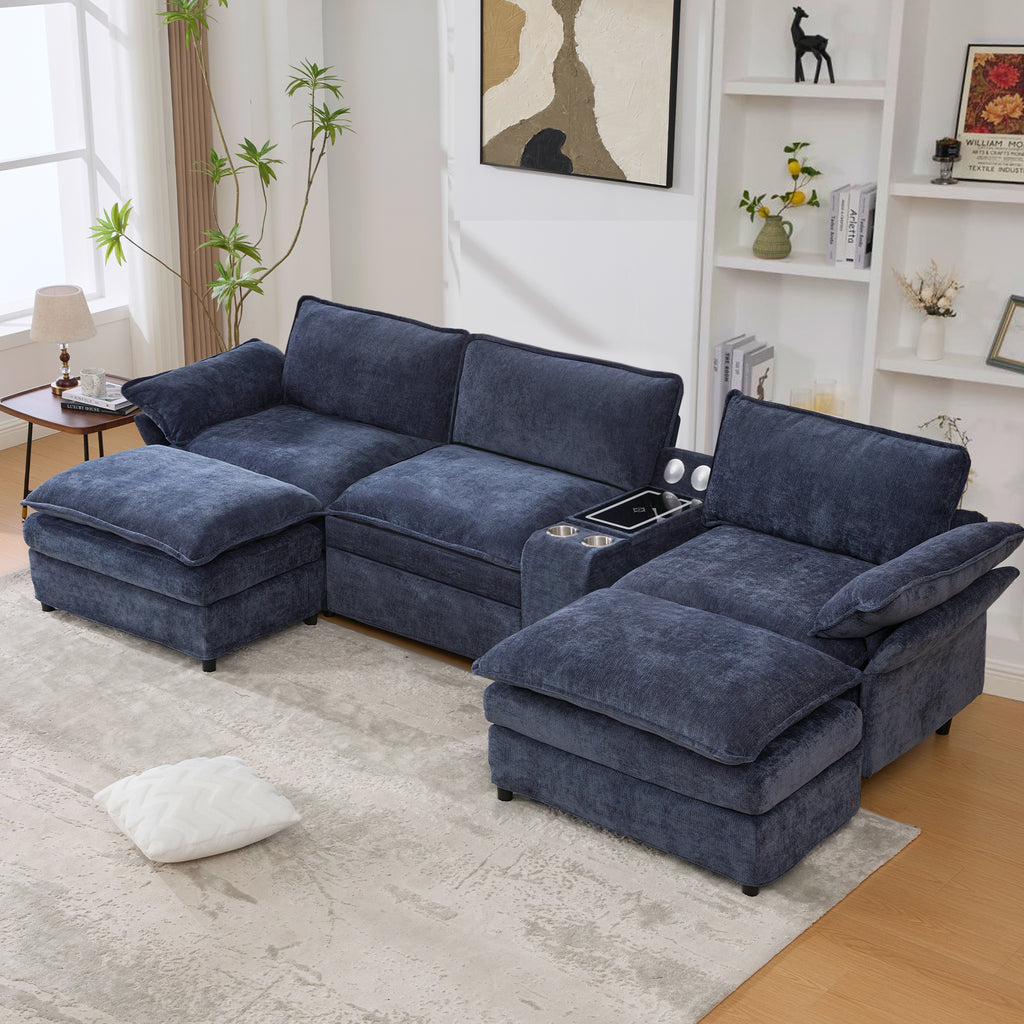 [NEW ARRIVED] [VIDEO PROVIDED]U Shaped Modular Sectional Sofa,Storage Console & Wireless Charging,2 Cup Holders,Bluetooth Speakers,2 Movable Footstools,Adjustable handrail,Movable seat,Chenille,Blue Sectional Sofa